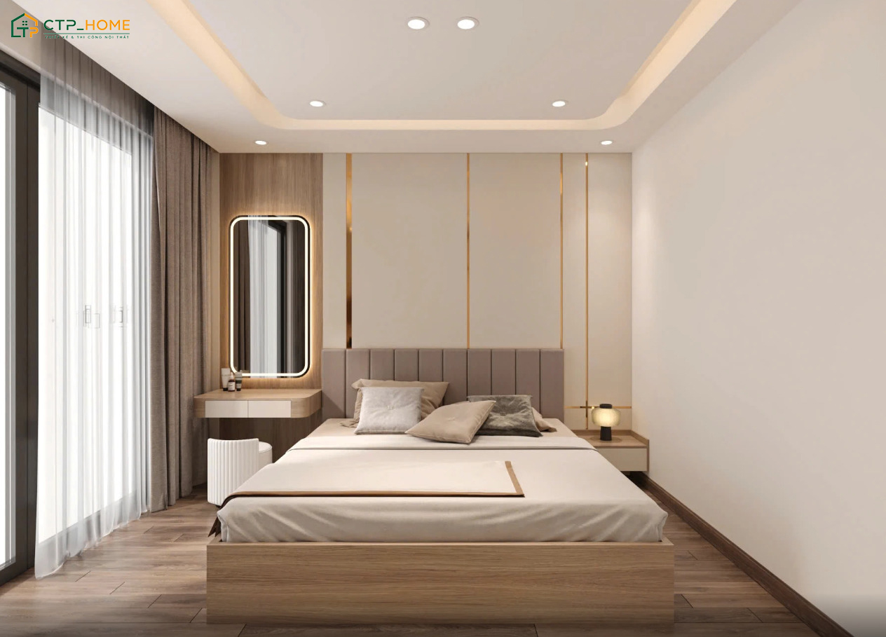 Giường ngủ được đặt ở trung tâm giúp cho việc bố trí nội thất phòng ngủ tối màu trở nên khoa học hơn