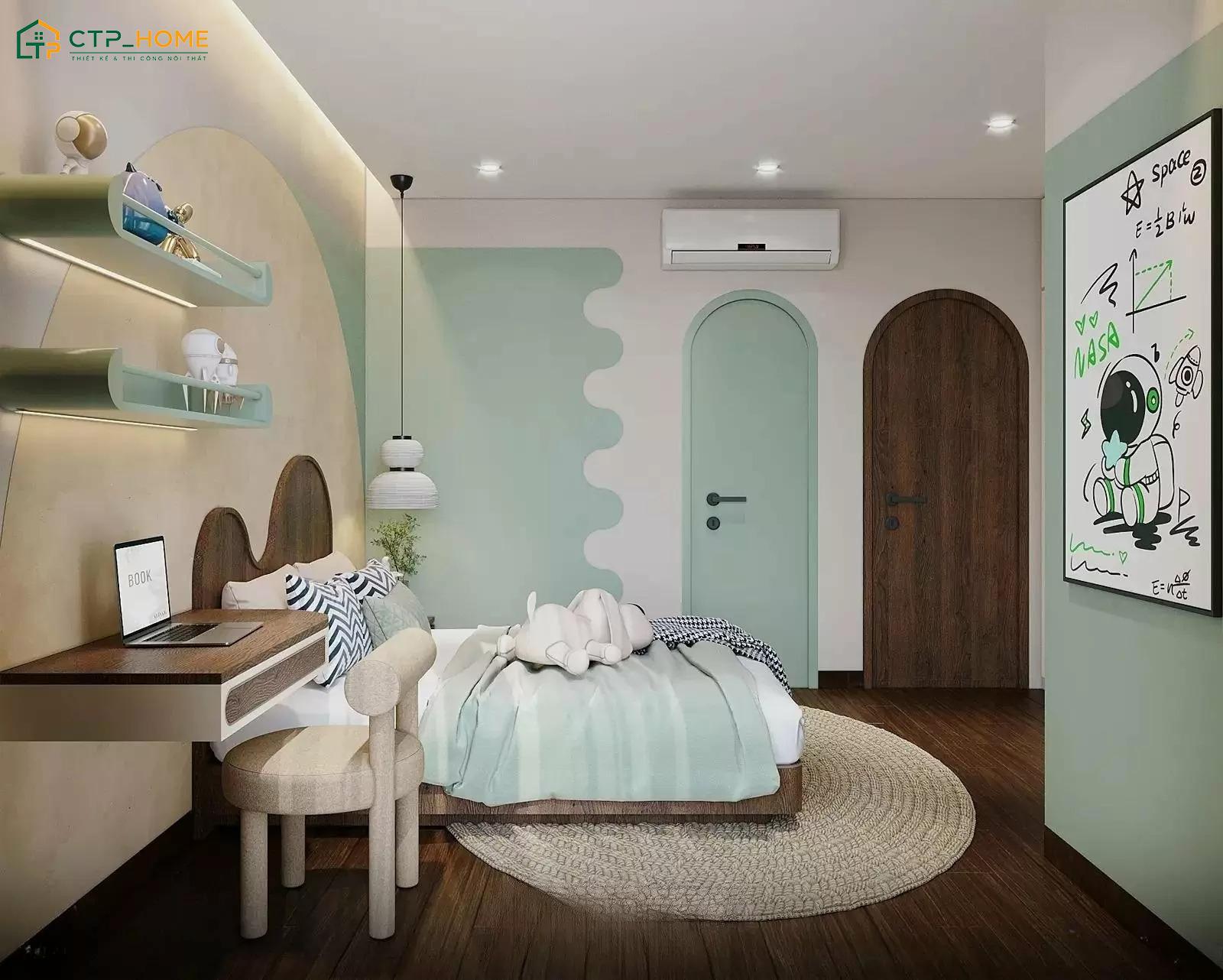 Mẫu phòng ngủ phong cách tối giản cho bé trai thường ưu tiên các tone màu như xanh dương, xanh ghi