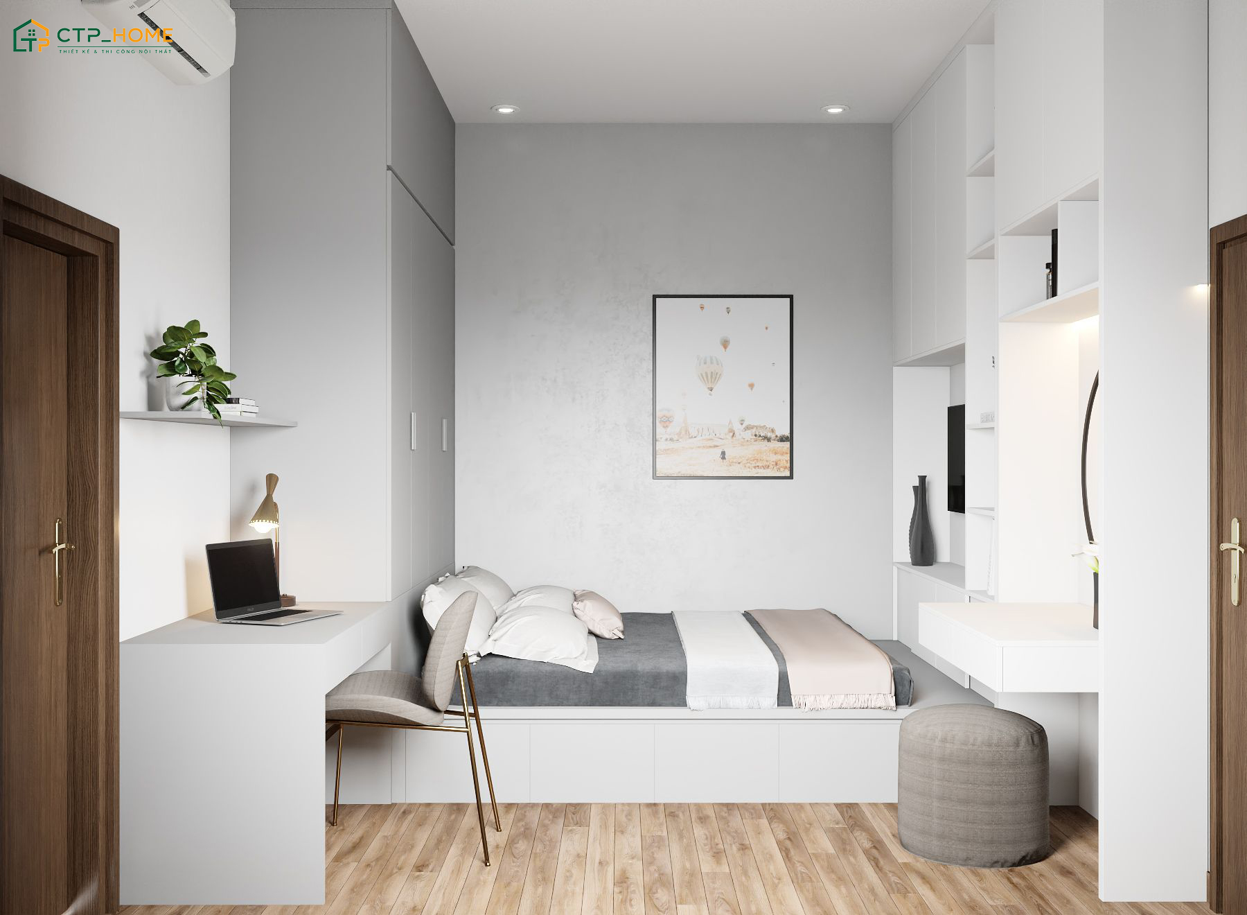 Việc sử dụng các chi tiết nhỏ như mô hình, kệ sách sẽ giúp gia tăng tính thẩm mỹ cho phòng ngủ bé trai tối giản
