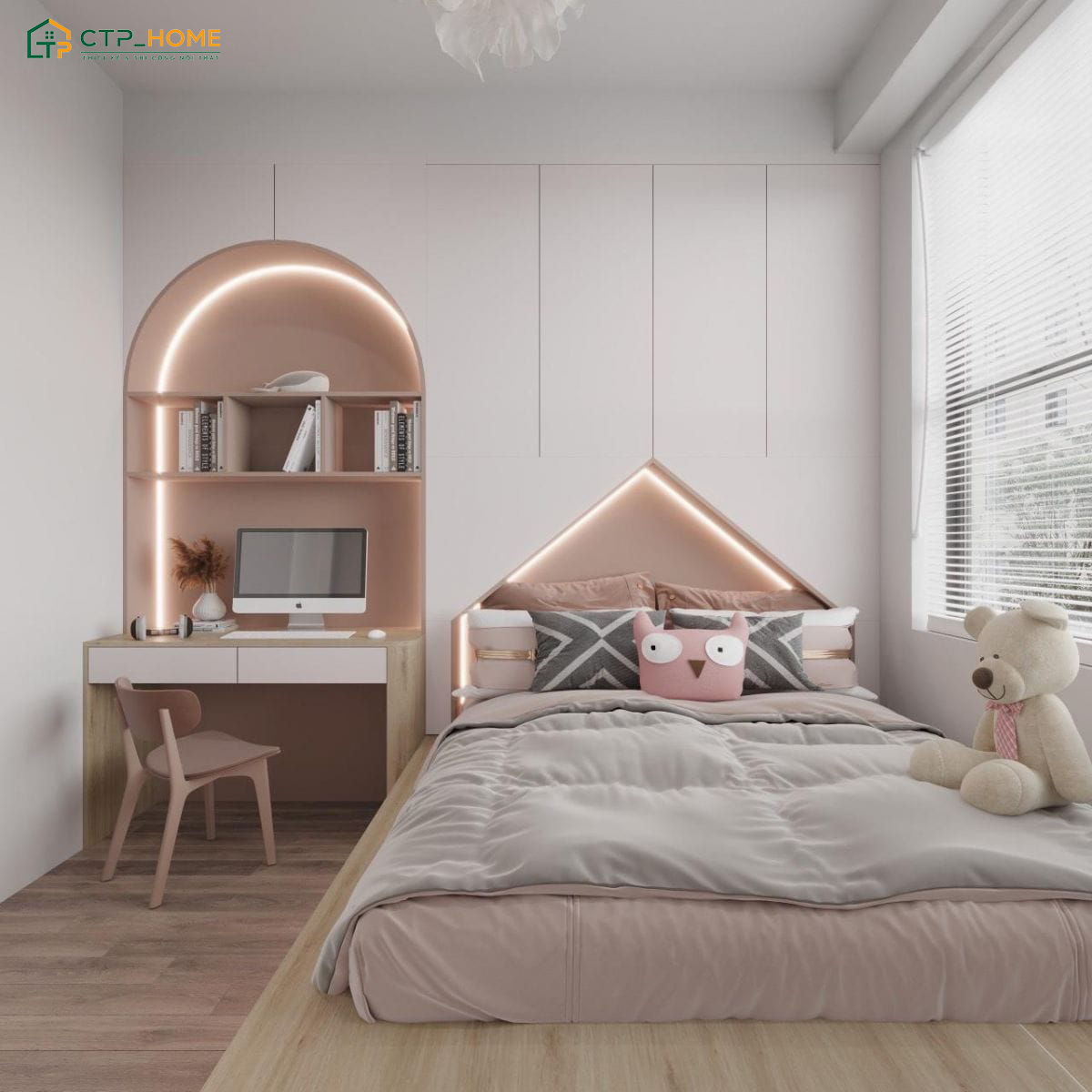 Nên đặt nội thất sát tường để tạo cảm giác thông thoáng hơn cho phòng ngủ đơn giản của bé gái