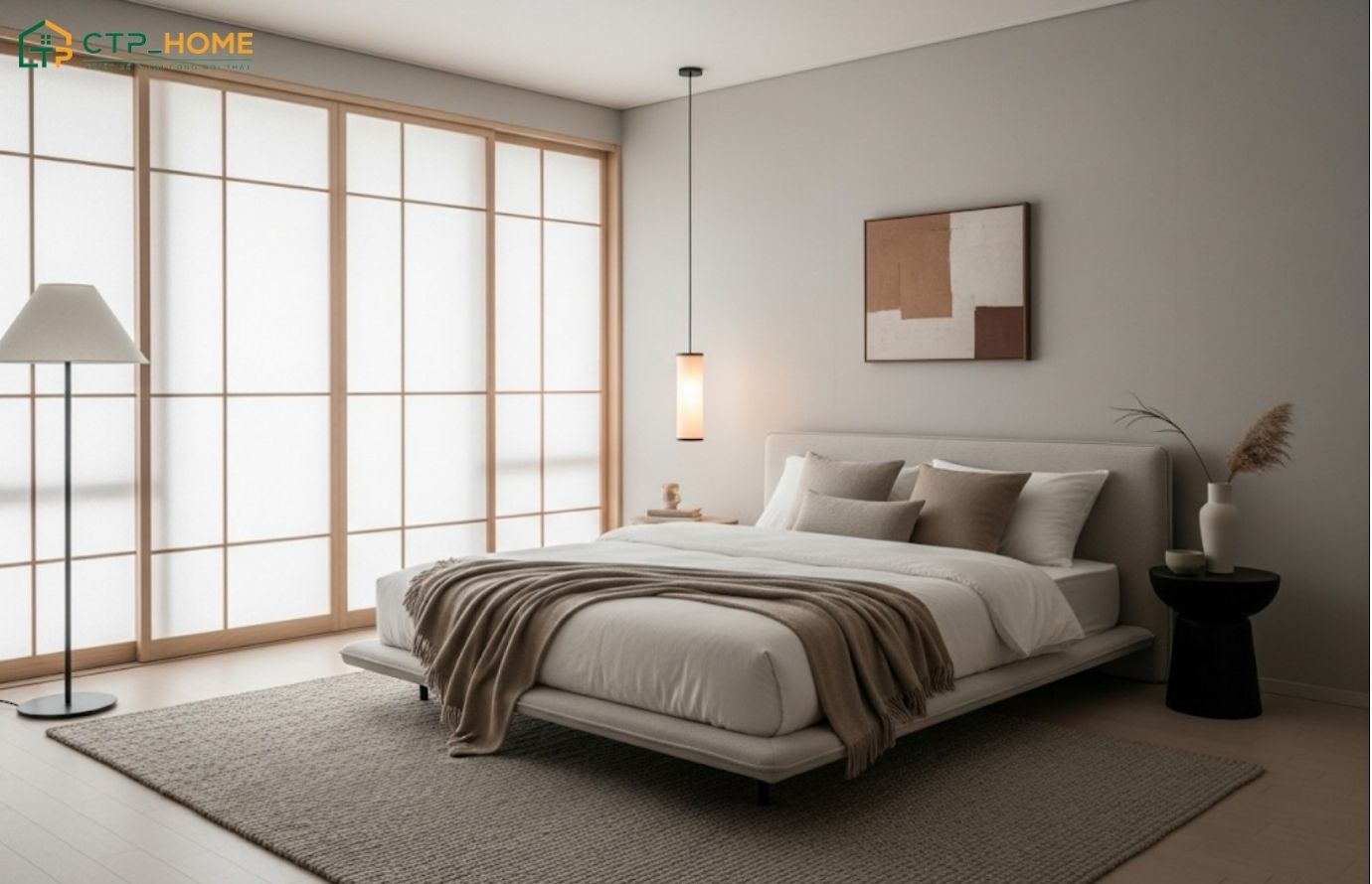 Trang trí phòng ngủ kiểu Nhật tối giản bằng cây xanh và đèn ngủ ánh sáng vàng sẽ tạo cảm giác thoải mái hơn