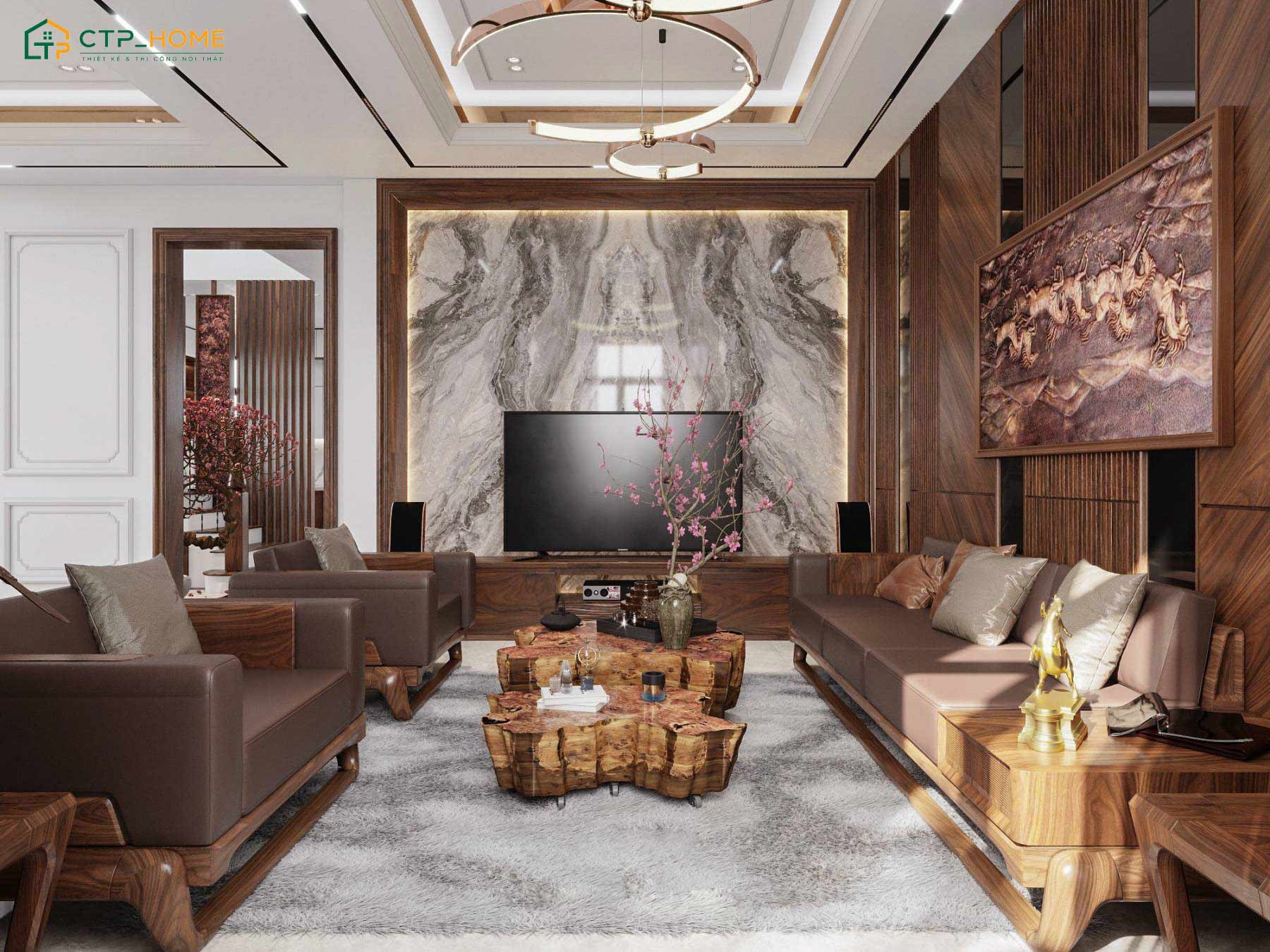 Mẫu dự án thiết kế nội thất biệt thự gỗ óc chó gây ấn tượng với cách kết hợp hài hòa giữa các chất liệu