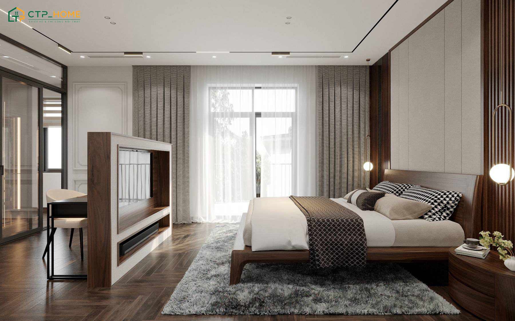 Phòng ngủ biệt thự sử dụng giường ngủ và kệ tủ bằng gỗ óc chó để tạo cảm giác thư giãn và dễ chịu hơn