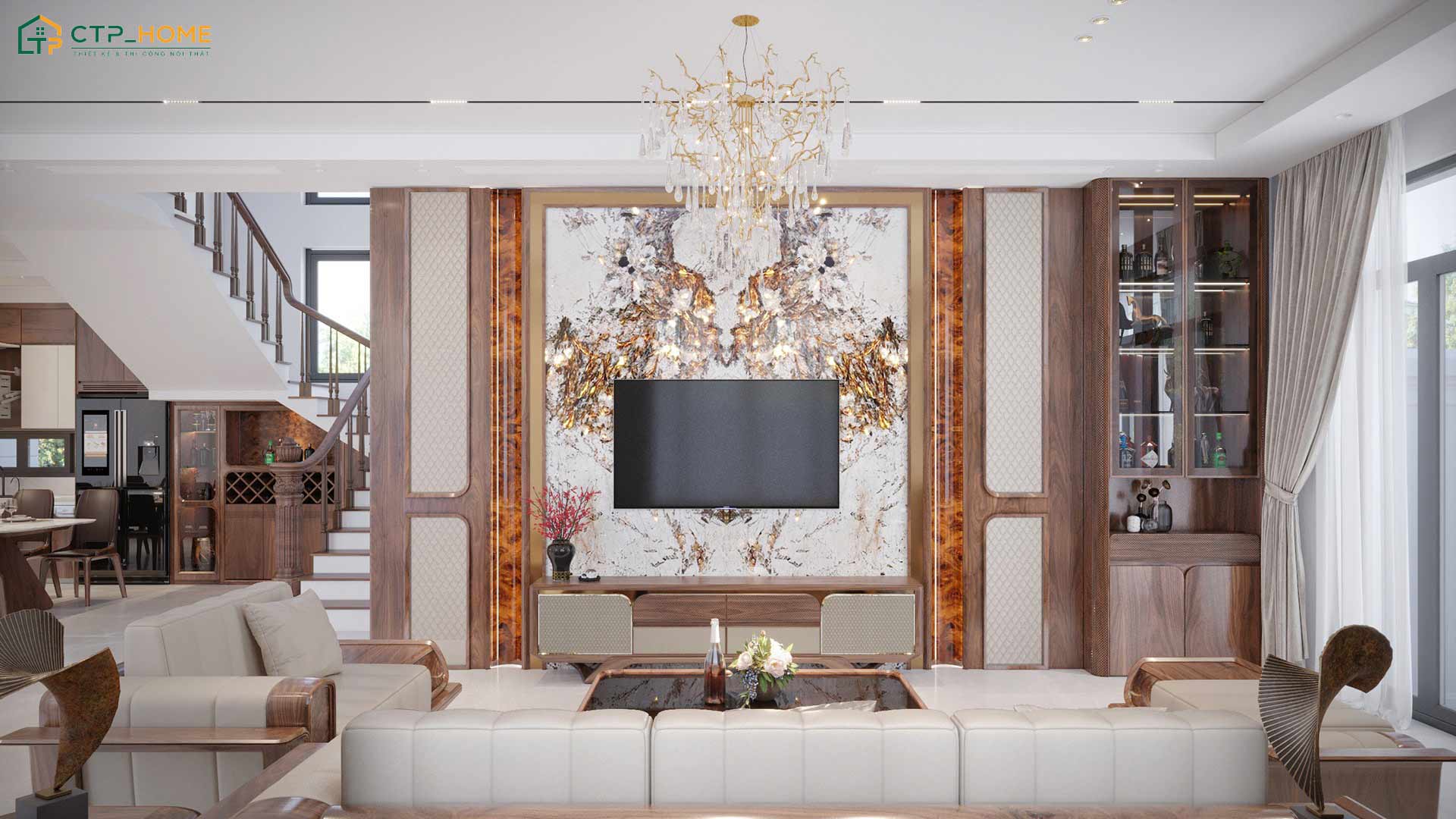 Mẫu thiết kế nội thất biệt thự Luxury bằng gỗ óc chó thường ưu tiên sự cân đối trong cách bố trí không gian