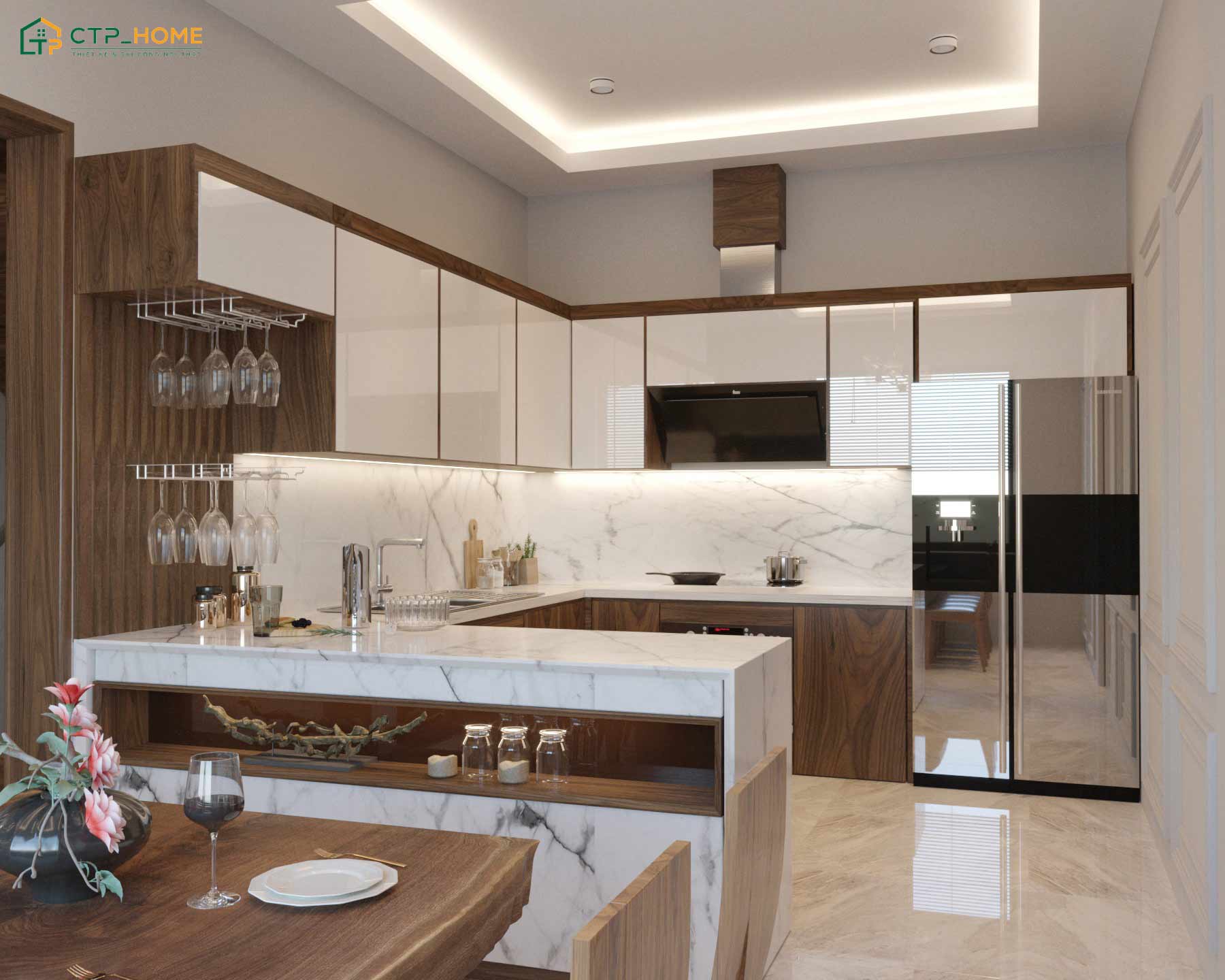 Khi thiết kế phòng bếp biệt thự gỗ óc chó thì phải chú ý đến sự cân đối giữa tính thẩm mỹ và công năng sử dụng