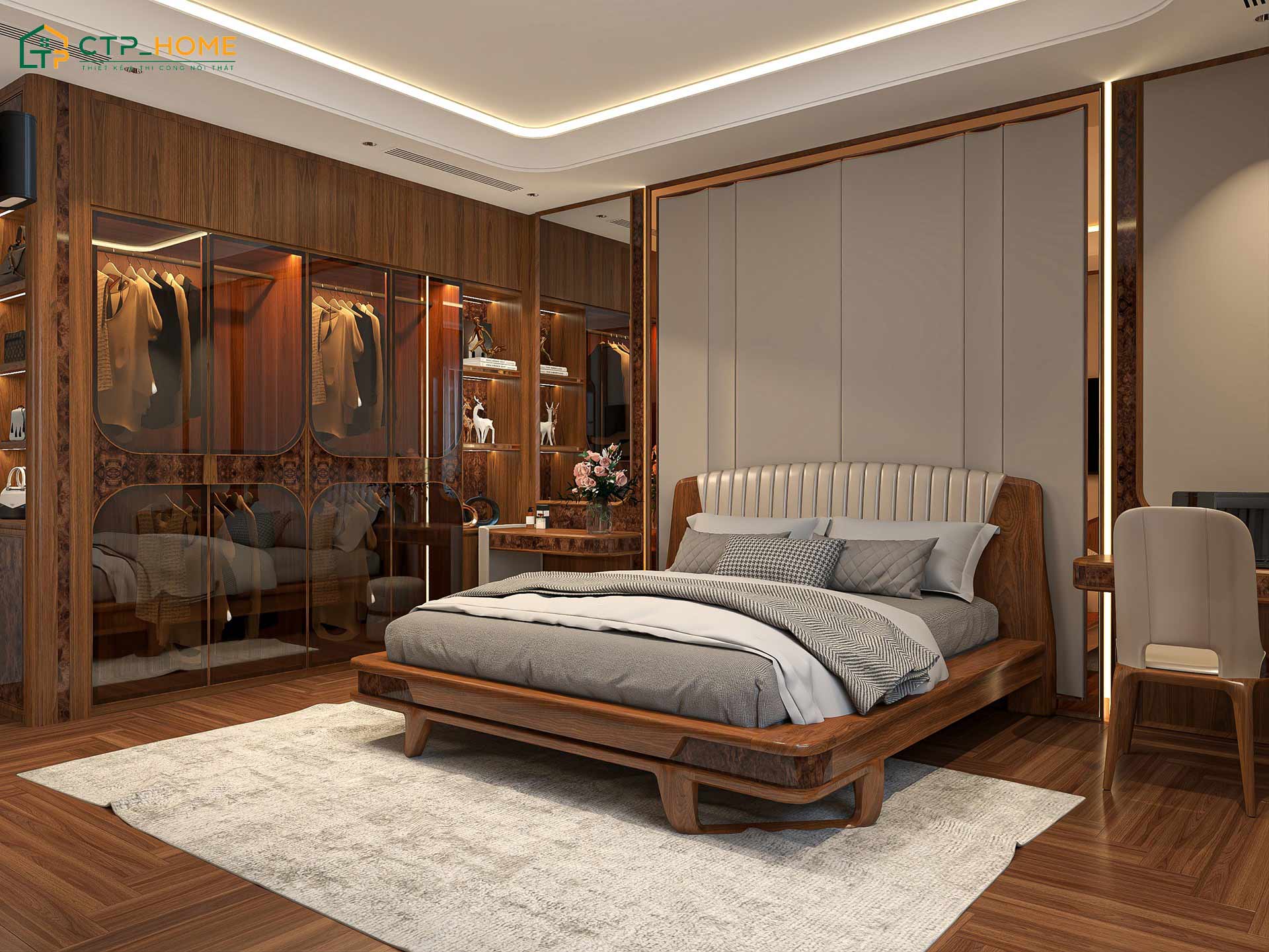 Sử dụng chất liệu gỗ óc chó giúp tạo nên một không gian phòng ngủ biệt thự ấm cúng và cực kỳ thư giãn