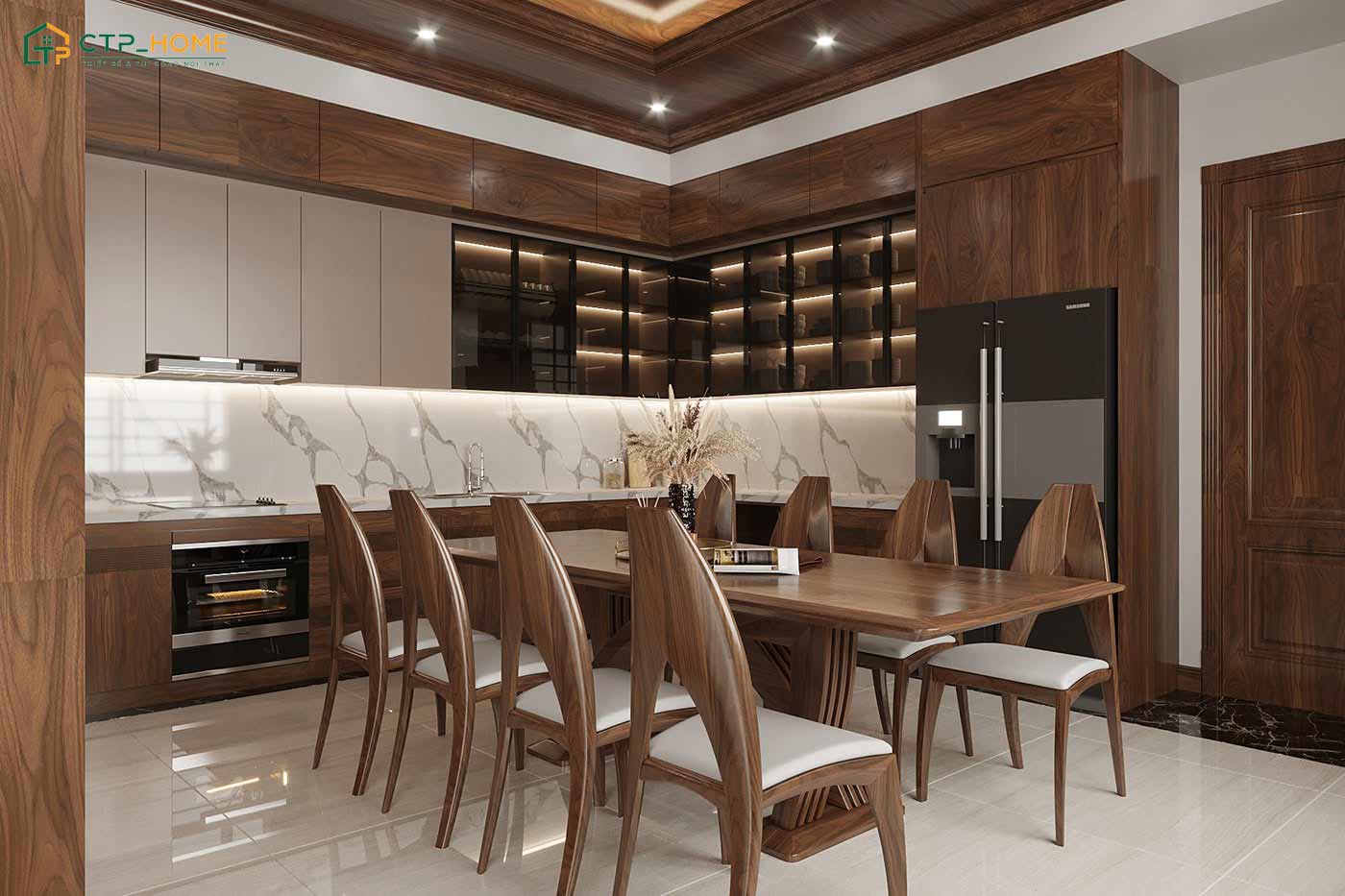 Bộ bàn ghế phòng ăn bằng gỗ óc chó được thiết kế riêng dựa trên nhu cầu sử dụng của cả gia đình