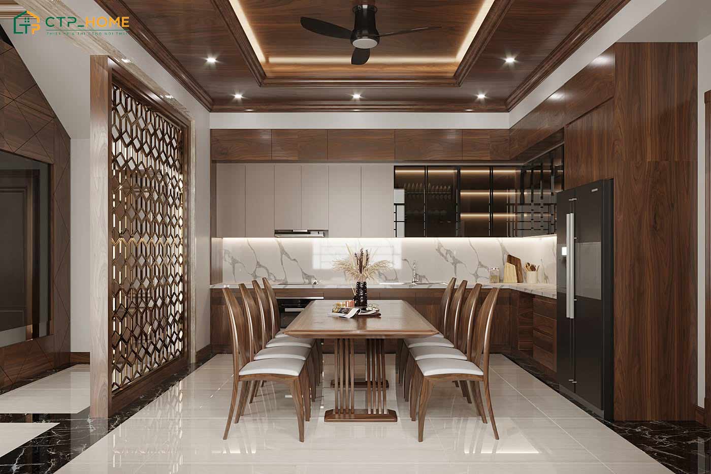 Hệ tủ bếp chữ L kết hợp quầy bar nhỏ gọn giúp tối ưu diện tích và đảm bảo sự thuận tiện khi sinh hoạt
