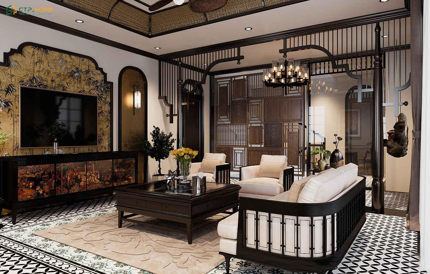 Mẫu dự án thiết kế nội thất biệt thự Indochine diện tích 450m2 tại Quận 7 do CTP Home thực hiện
