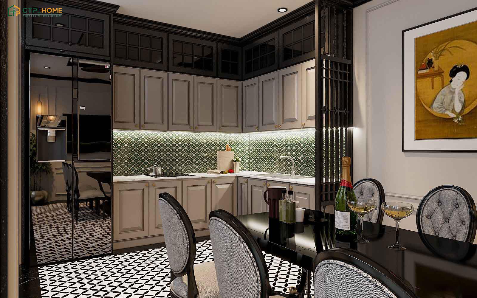 Phòng bếp sẽ được bố trí theo nguyên tắc tam giác công năng với tủ lạnh, chậu rửa và bếp nấu