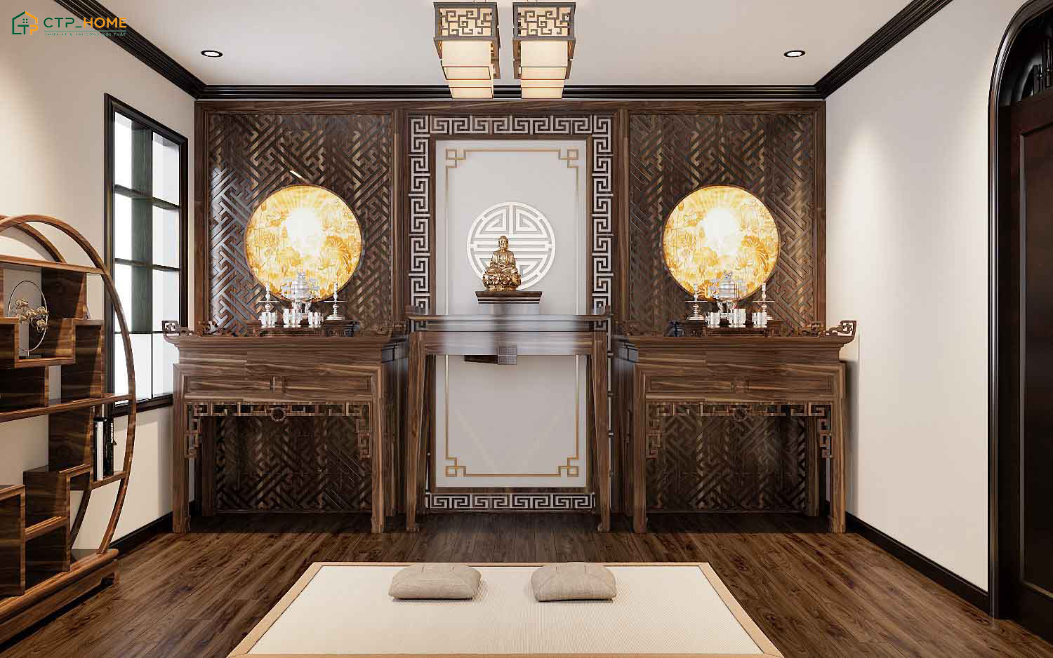 Không gian phòng thờ biệt thự Indochine có thiết kế trang trọng, lịch sự với chất liệu gỗ tự nhiên cao cấp