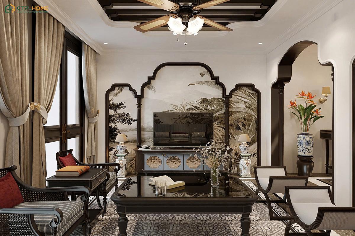 Phòng khách biệt thự Indochine có bố cục cân đối giúp đảm bảo sự hài hòa giữa các khu vực chức năng