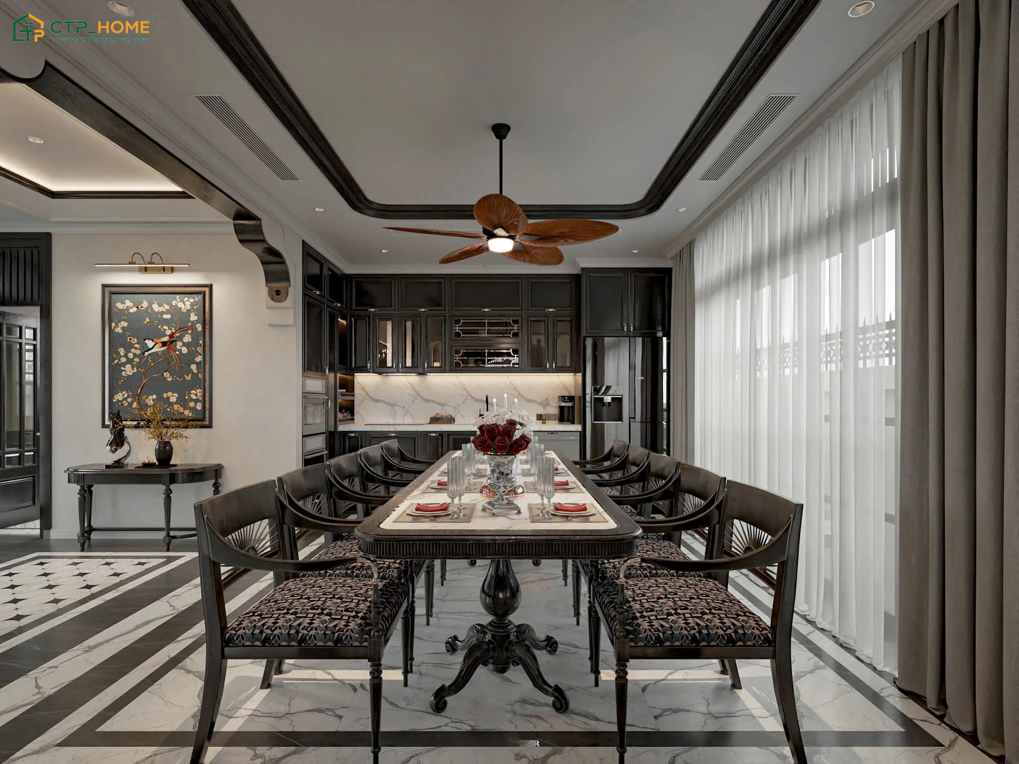 Phòng bếp biệt thự Indochine thường sẽ ưu tiên sử dụng hệ tủ gỗ kết hợp với các chi tiết trang trí đặc trưng