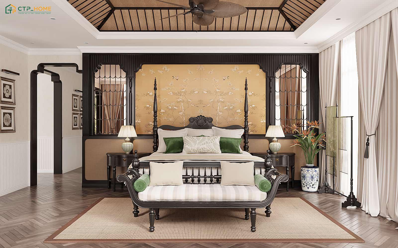 Phòng ngủ biệt thự Indochine sẽ hạn chế bố trí quá nhiều màu sắc để đảm bảo sự thoải mái khi nghỉ ngơi