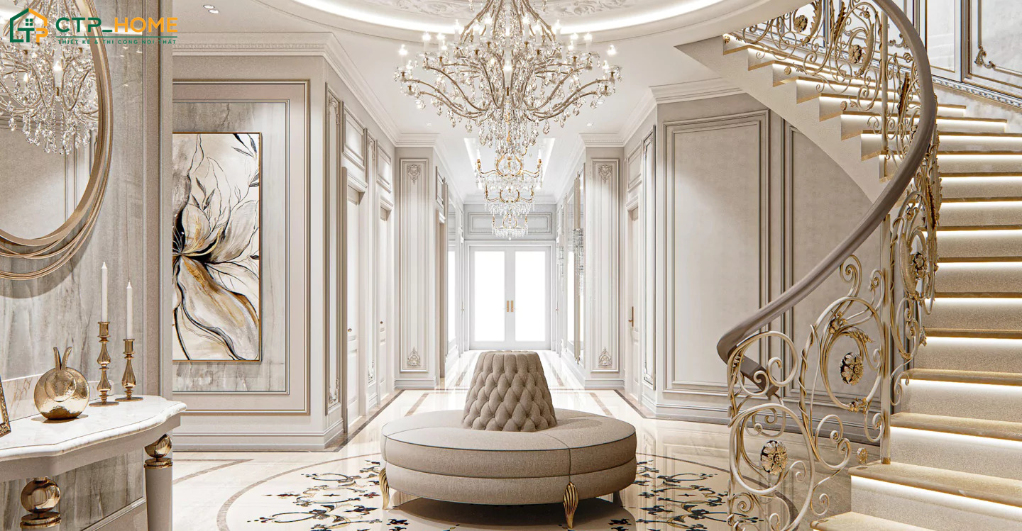 Mẫu thiết kế nội thất biệt thự Luxury Rococo nổi bật với các đường nét trang trí cầu kỳ và cách phối màu trang nhã