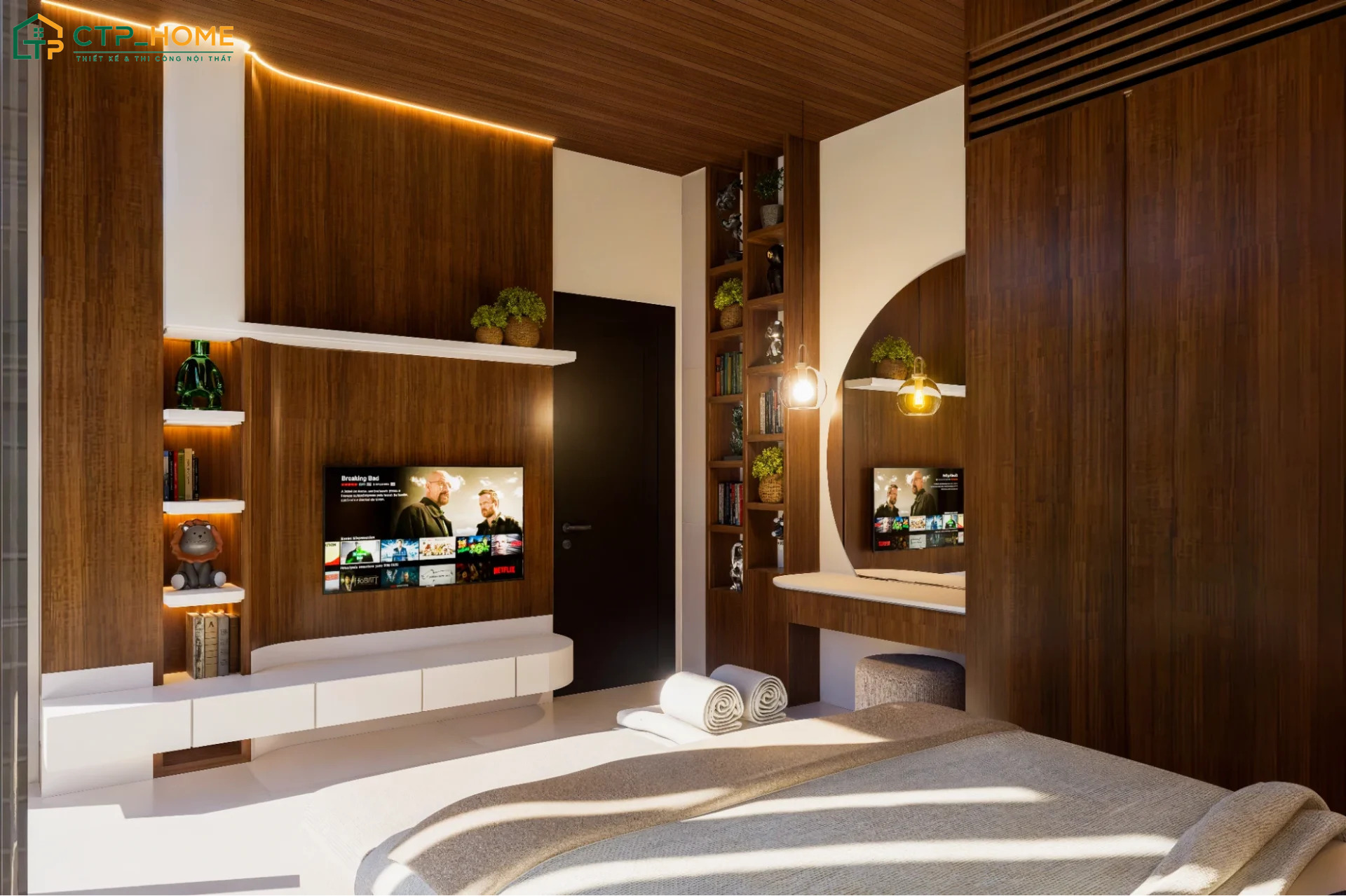 Phòng ngủ biệt thự Luxury sử dụng gỗ tự nhiên để giúp đem đến một không gian ấm cúng và sang trọng