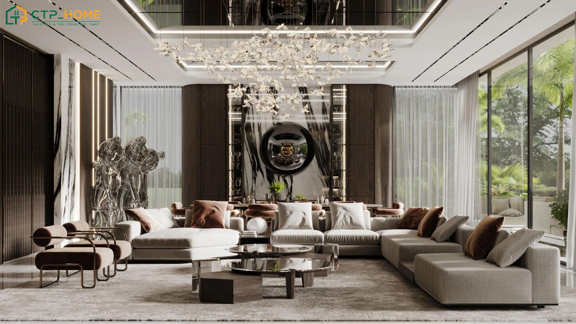 Không gian phòng khách biệt thự Luxury sẽ được sắp xếp với bố cục cân đối và sử dụng các vật liệu cao cấp