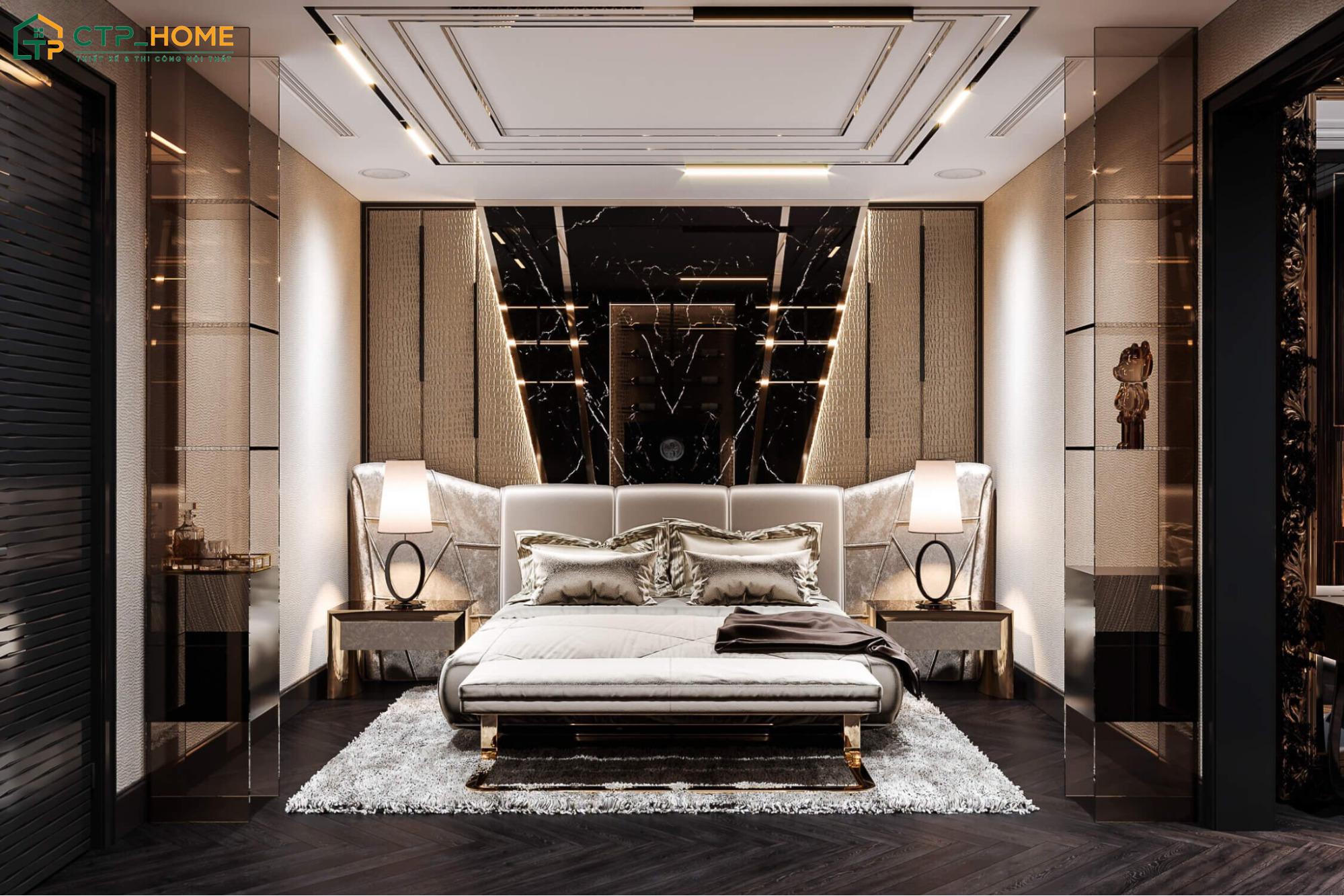 Phòng ngủ biệt thự Luxury thường sẽ bố trí ánh sáng vàng dịu nhẹ để đem lại cảm giác thoải mái hơn khi nghỉ ngơi