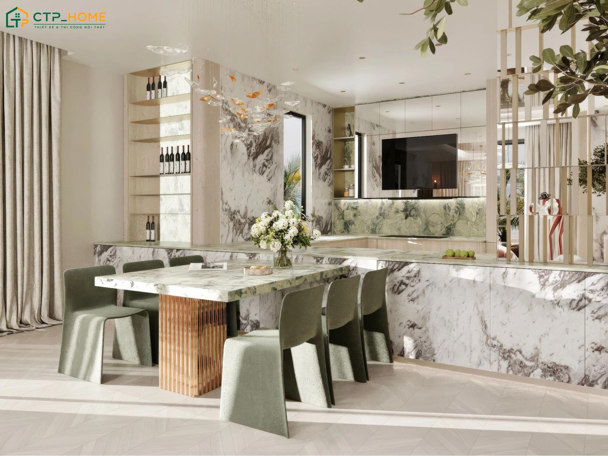 Phòng bếp biệt thự Luxury sẽ sử dụng chất liệu đá cao cấp để tạo nên vẻ đẹp ấn tượng cho không gian