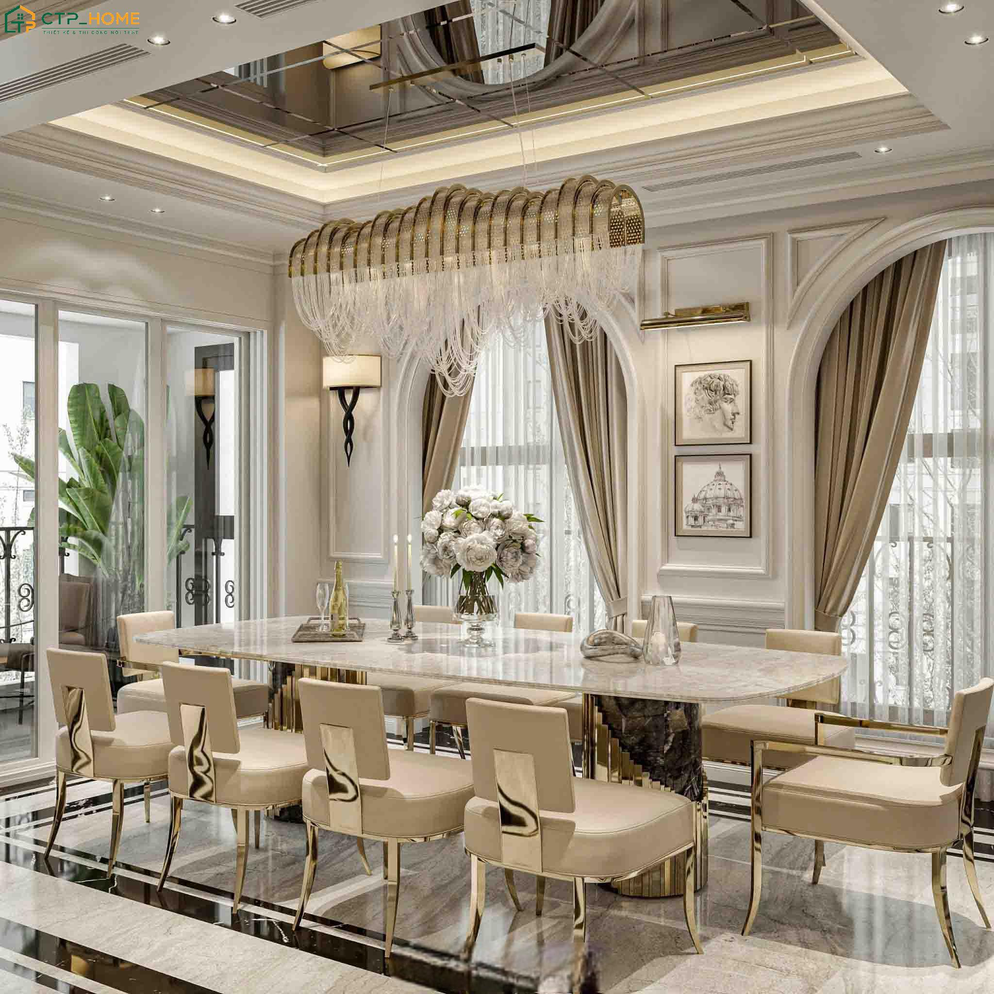Bàn ăn được đặt tại vị trí trung tâm giúp không gian dùng bữa trở nên hài hòa và cân đối hơn