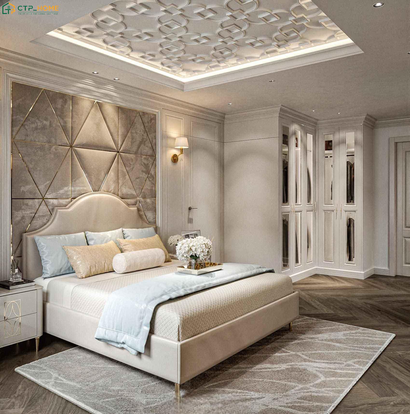 Nội thất bọc nệm với chất liệu mềm mại giúp tạo nên vẻ quý phái và tinh tế cho không gian phòng ngủ