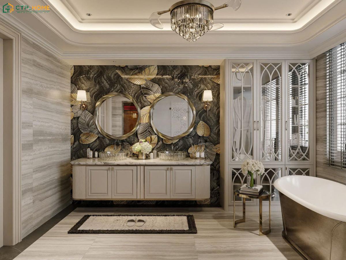 Cụm lavabo đôi được bố trí đối xứng, kết hợp đèn tường hai bên gương giúp tạo sự thuận tiện khi sử dụng