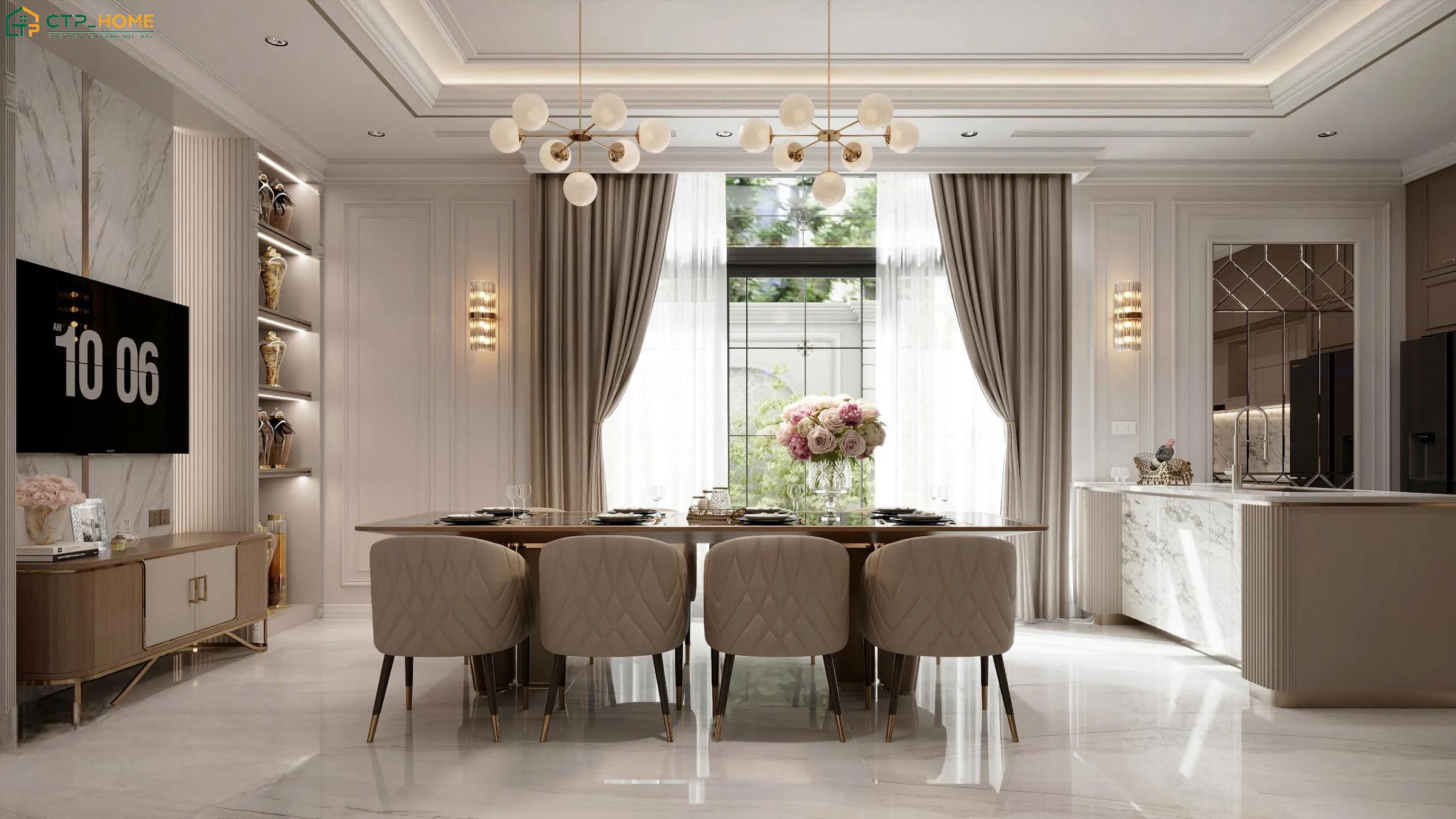 Phòng bếp và phòng ăn biệt thự tân cổ điển nổi bật với hệ tủ bếp tinh gọn, vật liệu cao cấp cùng bố cục hài hòa