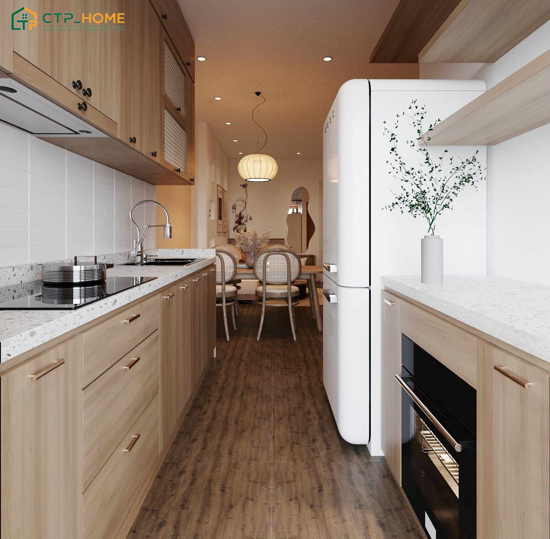 Phòng bếp chung cư Nhật Bản sẽ ưu tiên sự gọn gàng và tối giản để đảm bảo thuận tiện khi sử dụng