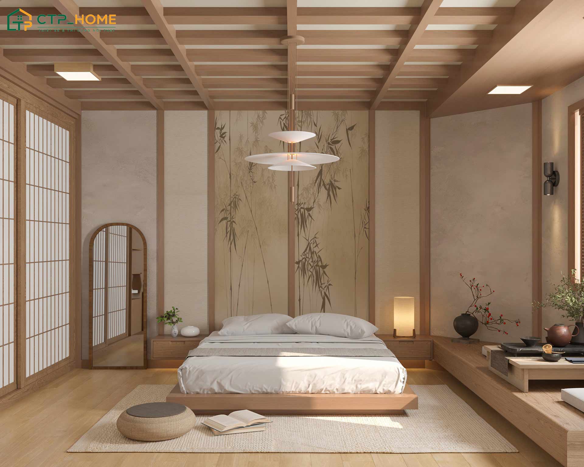 Phòng ngủ chung cư Nhật Bản thường sẽ sử dụng giường thấp kết hợp với nội thất gỗ sáng màu