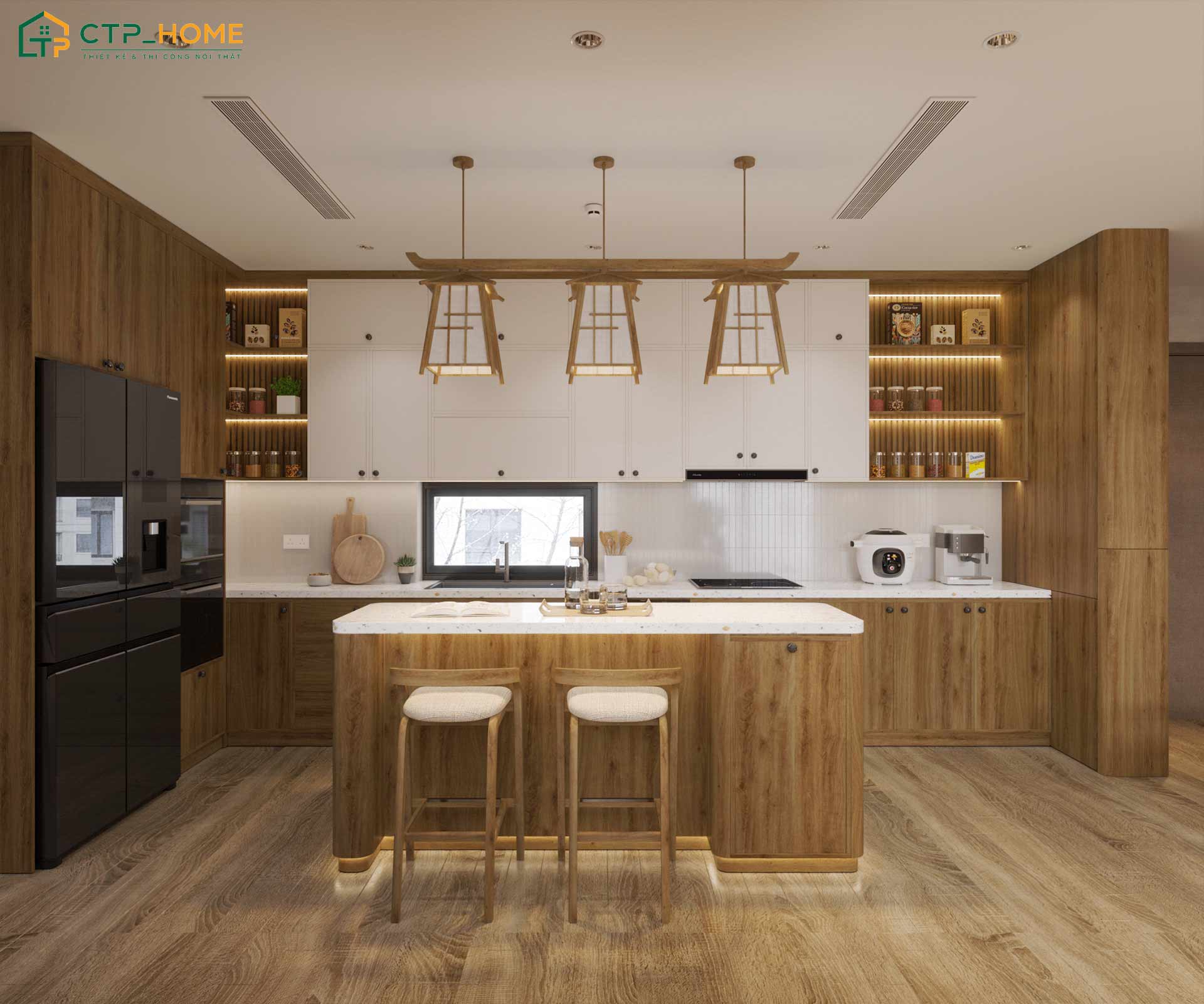 Sử dụng nội thất thông minh với hệ tủ lưu trữ kịch trần sẽ giúp đảm bảo sự tiện nghi trong sinh hoạt nấu nướng