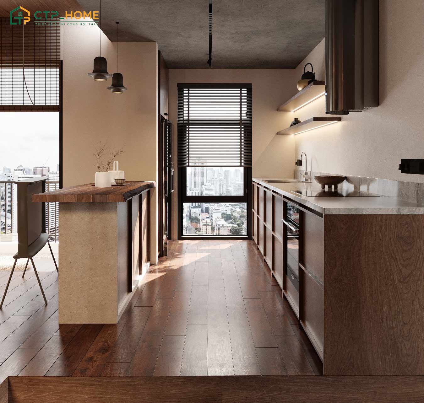 Phòng bếp được bố trí gần cửa sổ để giúp tận dụng tối đa nguồn ánh sáng và gió tự nhiên