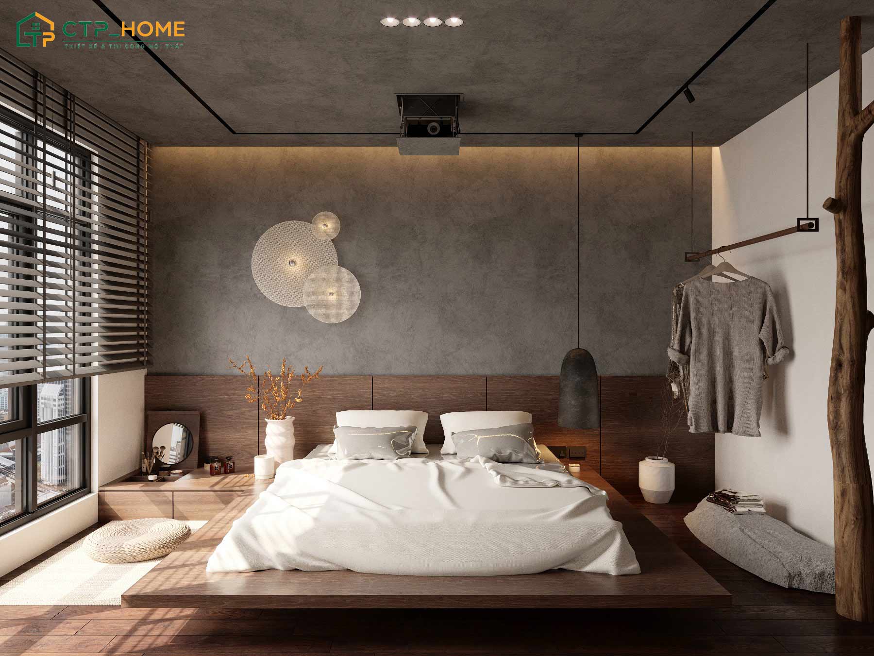 Phòng ngủ của vợ chồng Anh Lâm được thiết kế với gam màu trung tính để mang đến cảm giác thư thái