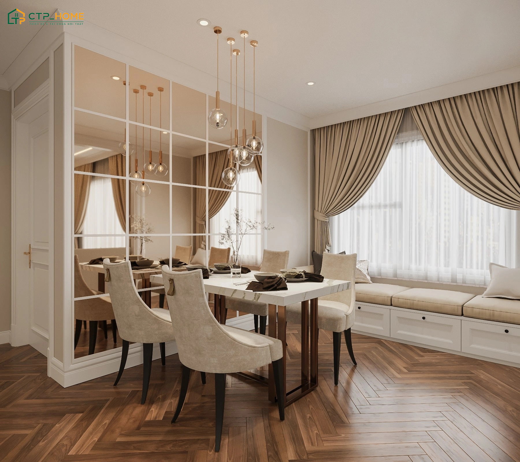 Thiết kế nội thất chung cư phong cách tân cổ điển nổi bật với các đặc trưng riêng về đường nét và màu sắc