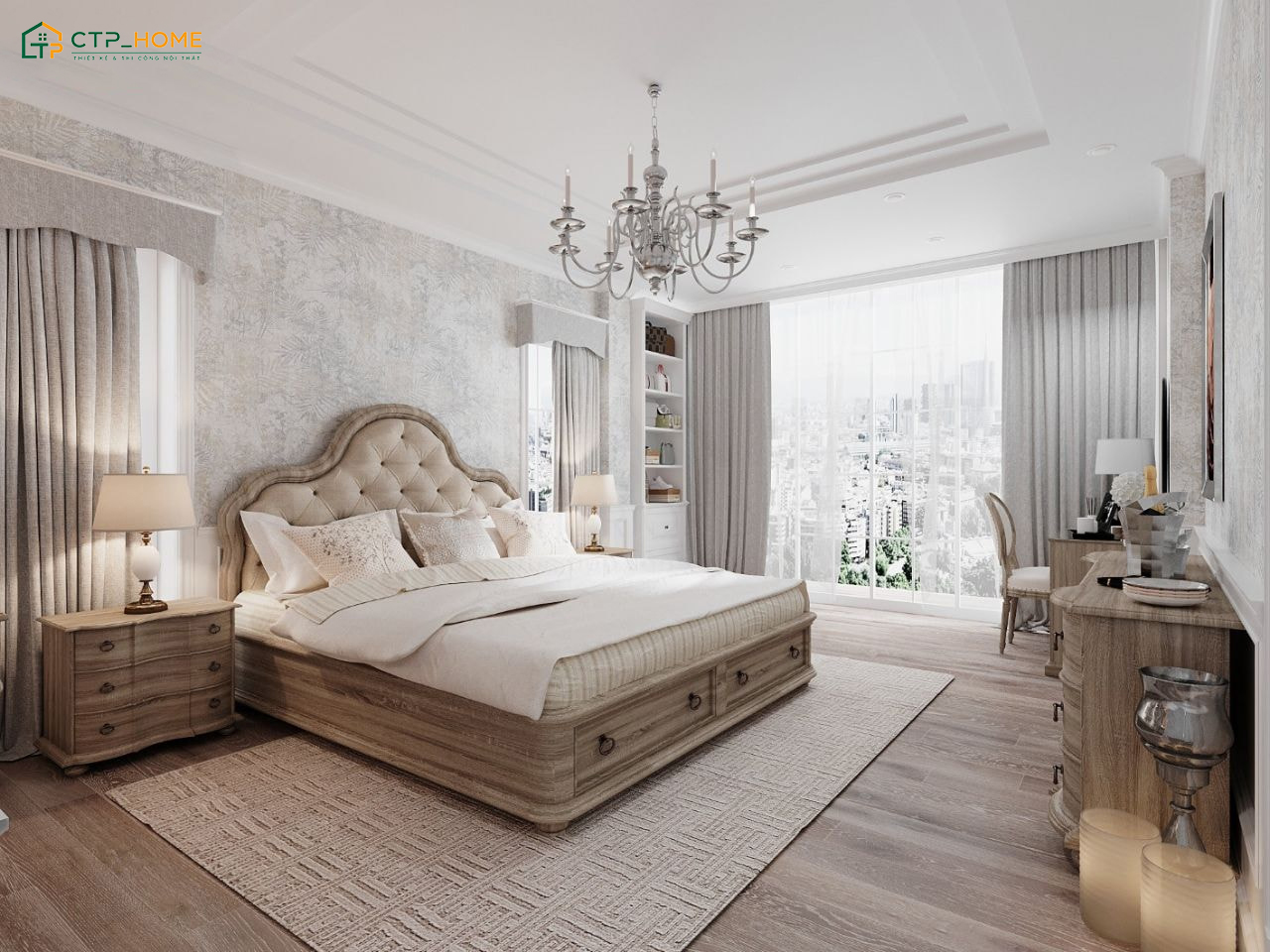 Mẫu thiết kế nội thất chung cư tân cổ điển với gam màu trắng chủ đạo sẽ đem đến cảm giác rộng rãi hơn