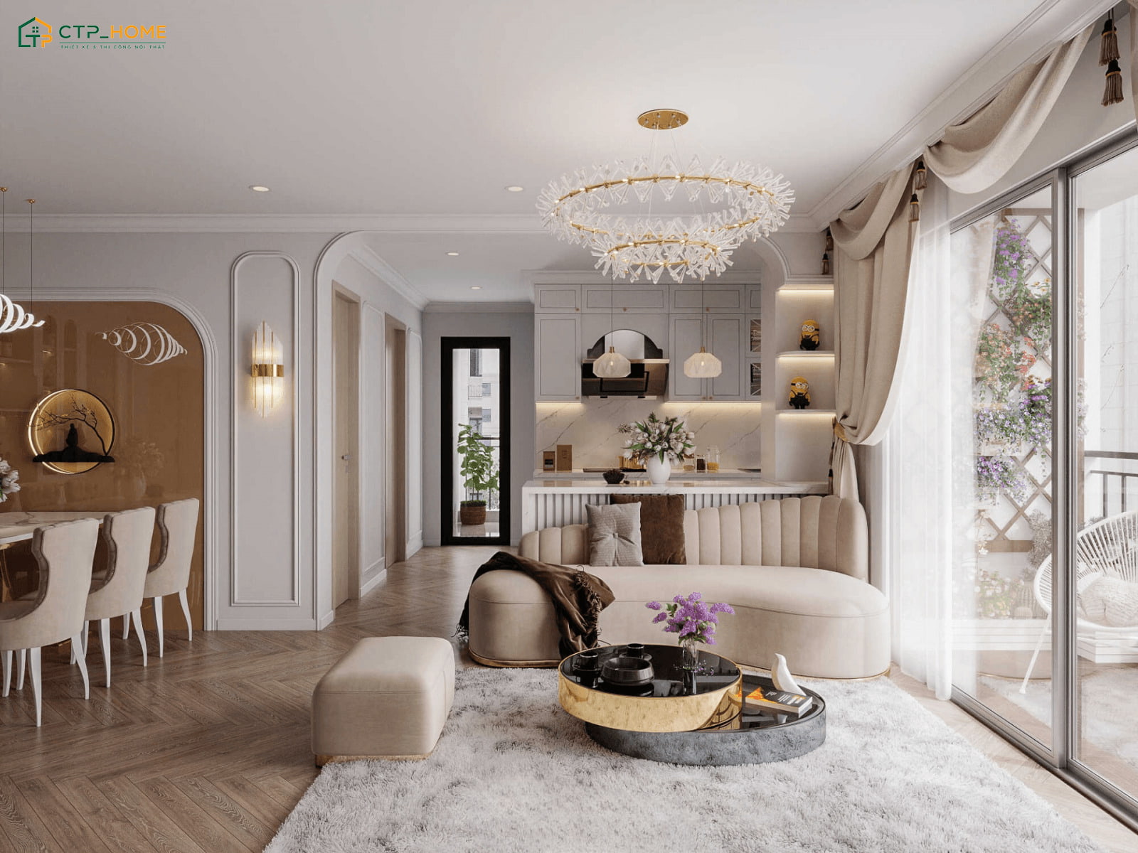 Mẫu thiết kế nội thất chung cư tân cổ điển sang trọng thu hút với đường nét phào chỉ tinh tế, nhẹ nhàng