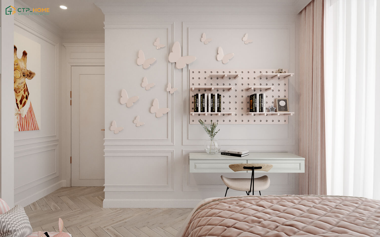CTP Home thiết kế phòng ngủ cho trẻ với tone trắng kết hợp hồng nhạt theo sở thích cá nhân của bé gái