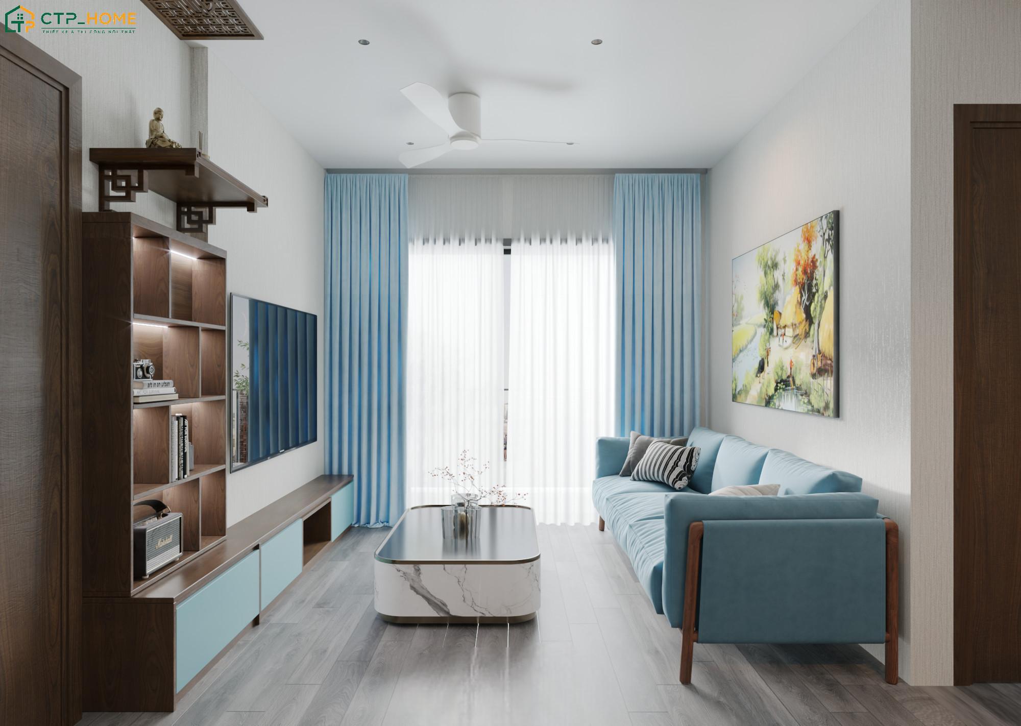 Mẫu thiết kế chung cư tối giản sử dụng bảng màu trắng phối xanh da trời giúp tôn lên vẻ đẹp của từng chi tiết nội thất