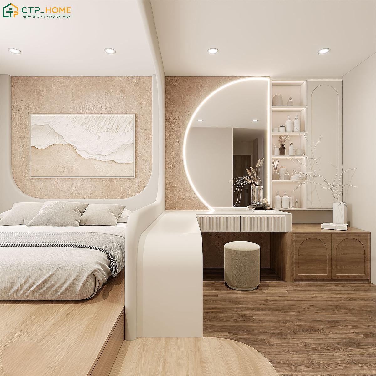 Mẫu thiết kế chung cư phong cách tối giản với khu vực nghỉ ngơi và bàn trang điểm được bố trí liền mạch