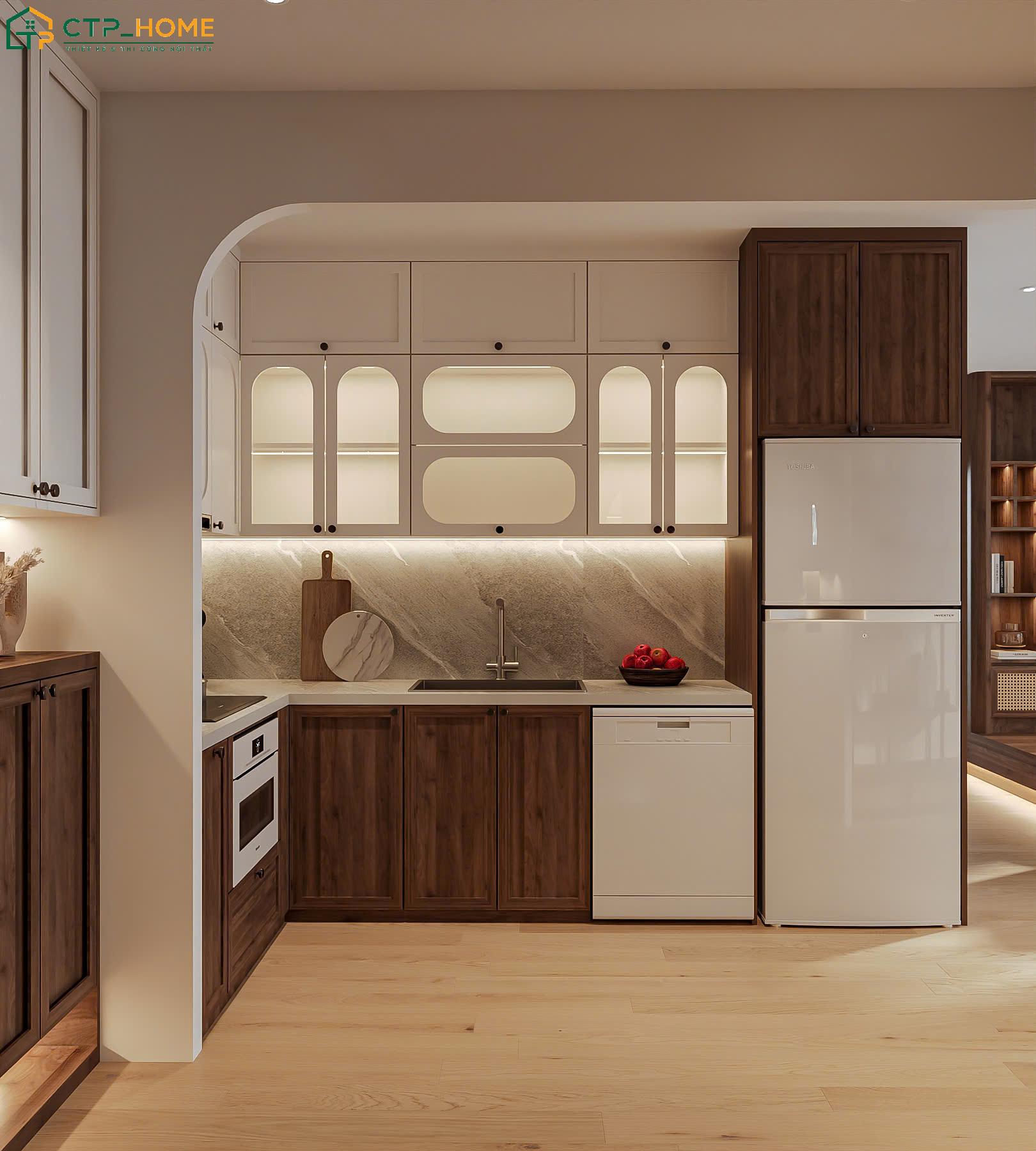 Các trang thiết bị được bố trí hợp lý kết hợp cùng hệ tủ âm tường sẽ giúp đáp ứng đầy đủ công năng sử dụng