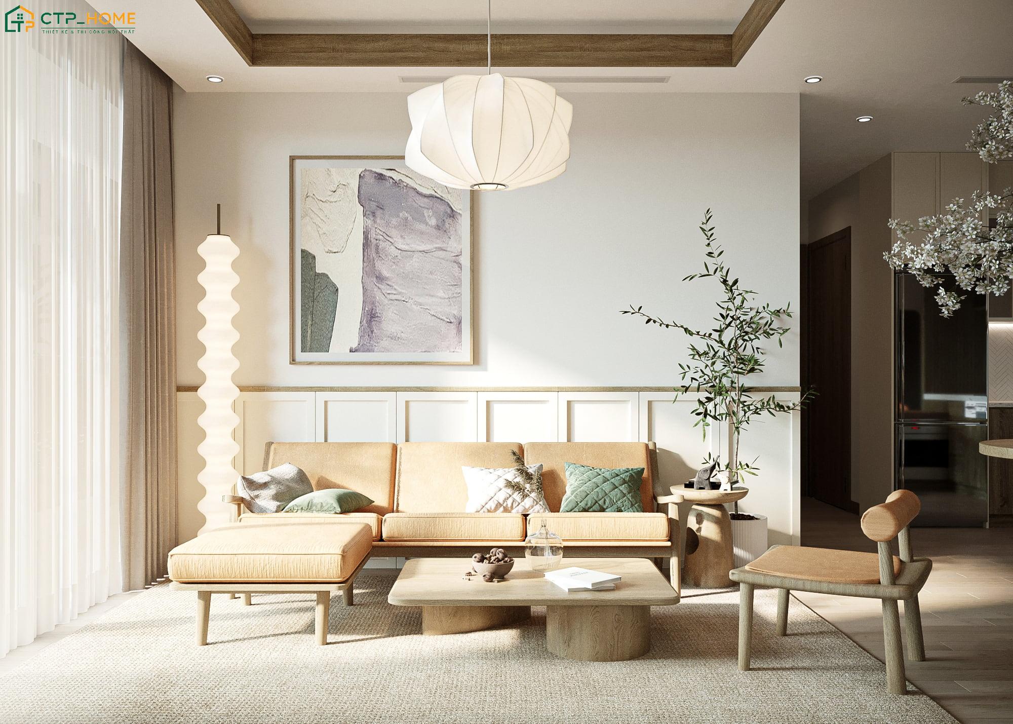 Hệ vách tích hợp tủ kệ tivi bằng gỗ tự nhiên là điểm nhấn thẩm mỹ cho căn hộ chung cư phong cách tối giản