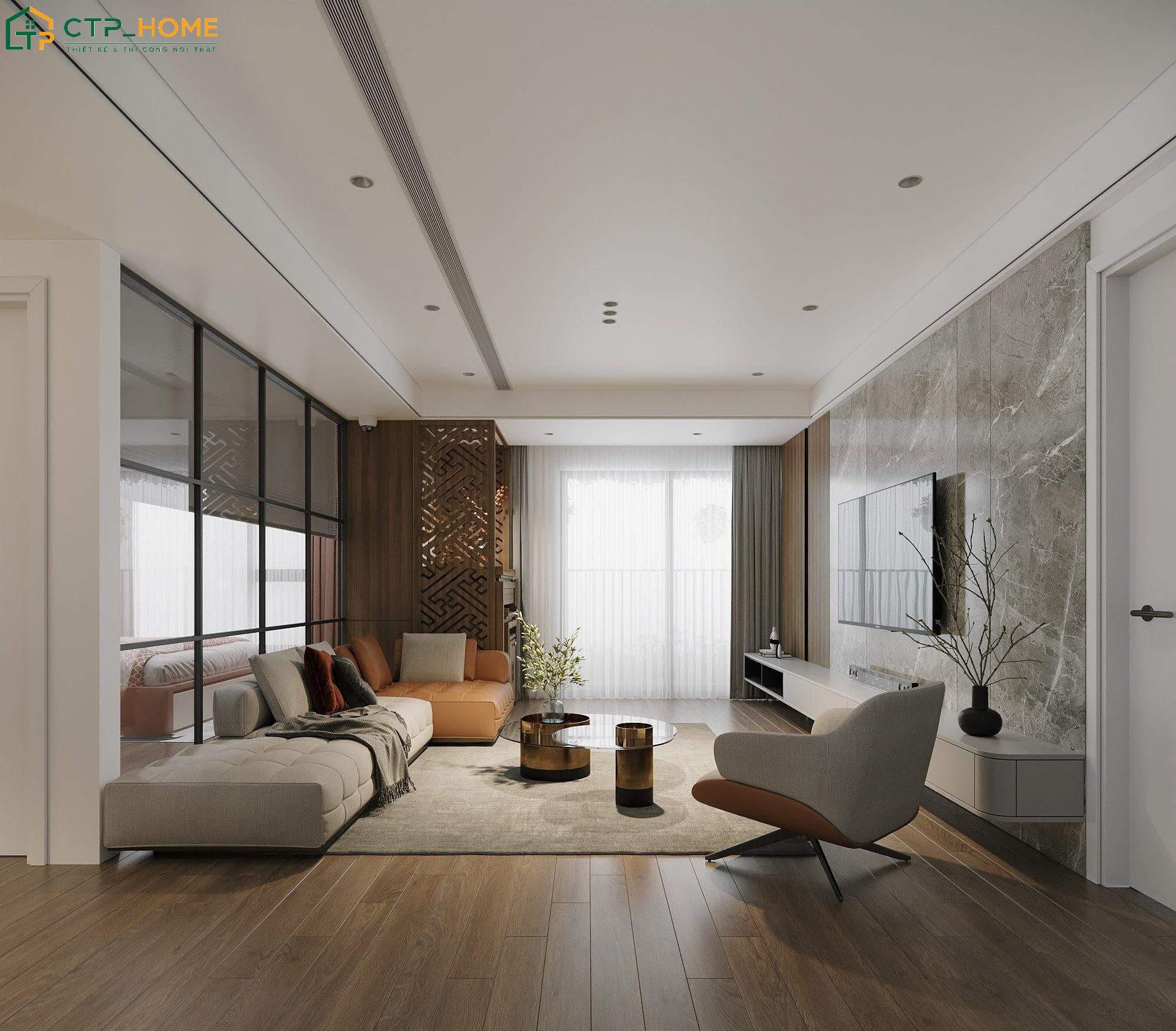 Phòng khách chung cư tối giản sẽ bố trí sofa sát tường và bàn trà nhỏ gọn để đảm bảo sự thông thoáng