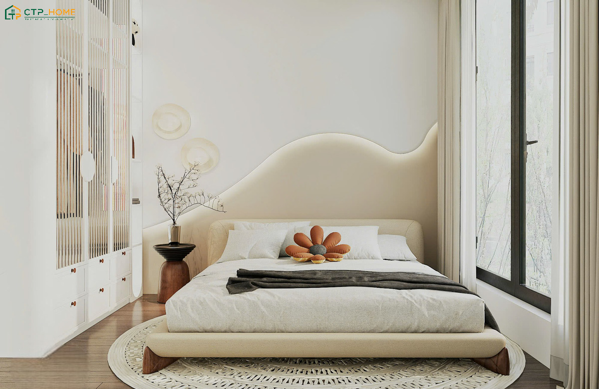 Sự kết hợp giữa ánh sáng tự nhiên và nội thất tinh gọn sẽ giúp phòng ngủ chung cư tối giản trở nên thoáng đãng hơn