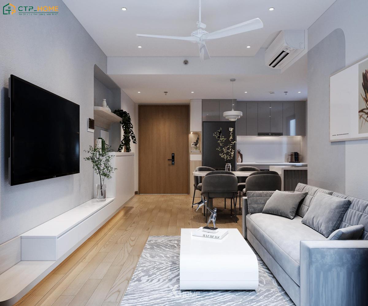 Phòng khách tối giản những vẫn toát lên nét đẹp riêng nhờ bộ sofa màu xám độc đáo