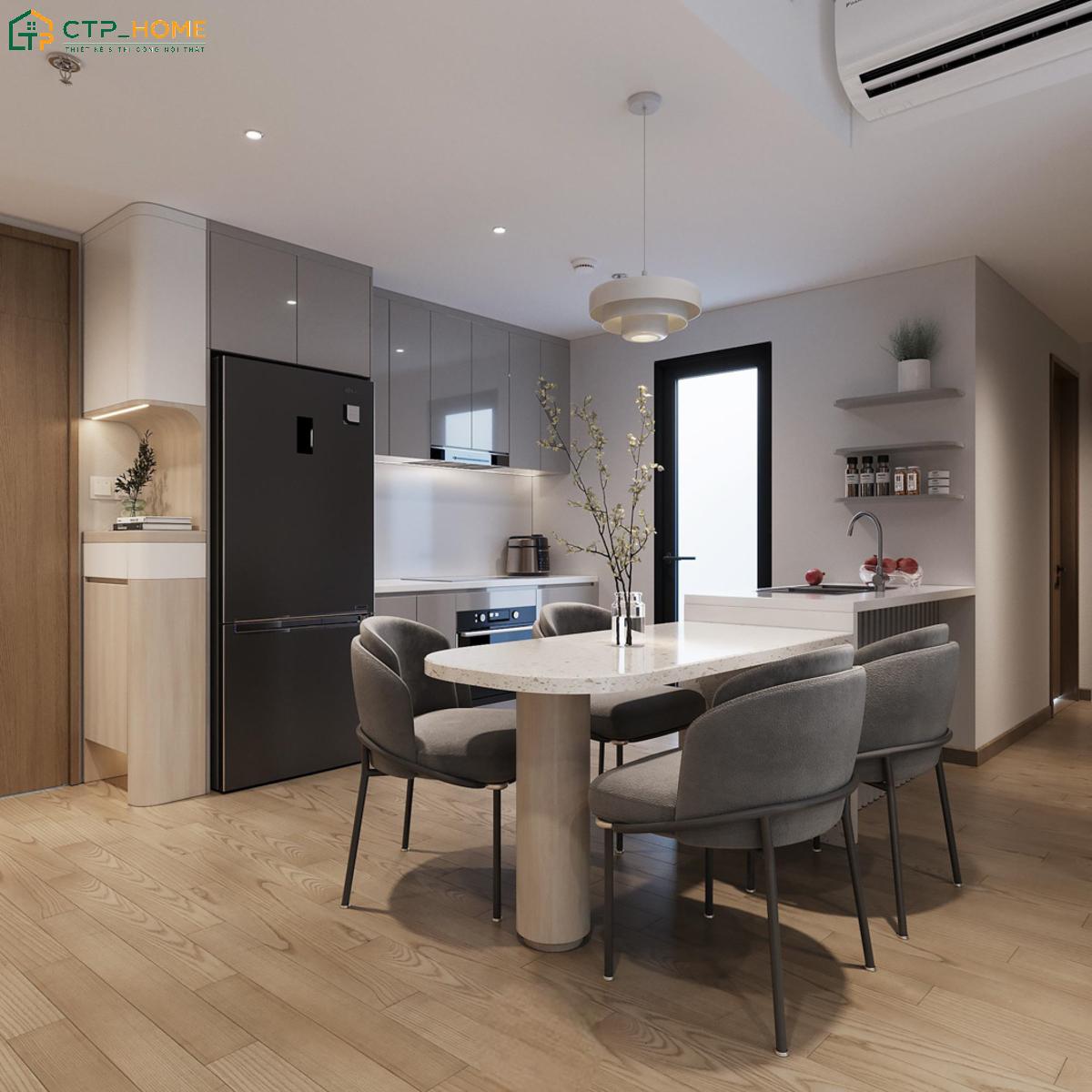 Phòng bếp nhỏ xinh sử dụng hệ tủ phẳng giúp tối ưu diện tích mà vẫn đảm bảo tính thẩm mỹ