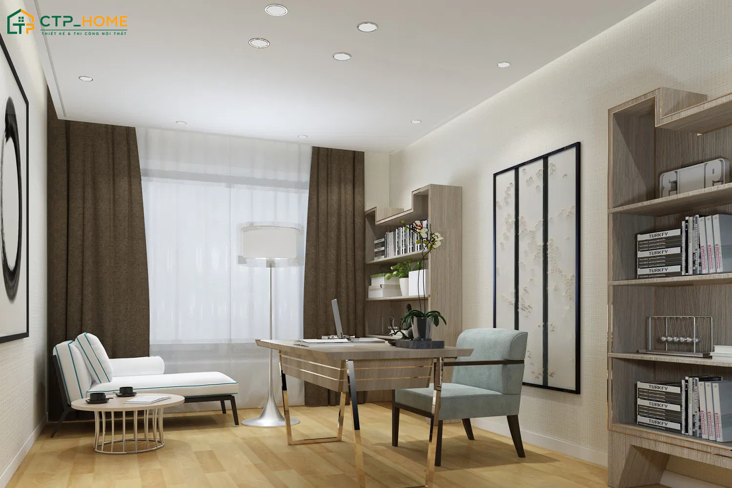 Mẫu thiết kế nội thất phòng đọc sách đẹp tối giản với bàn làm việc, ghế gỗ và kệ sách đều có kích thước nhỏ gọn