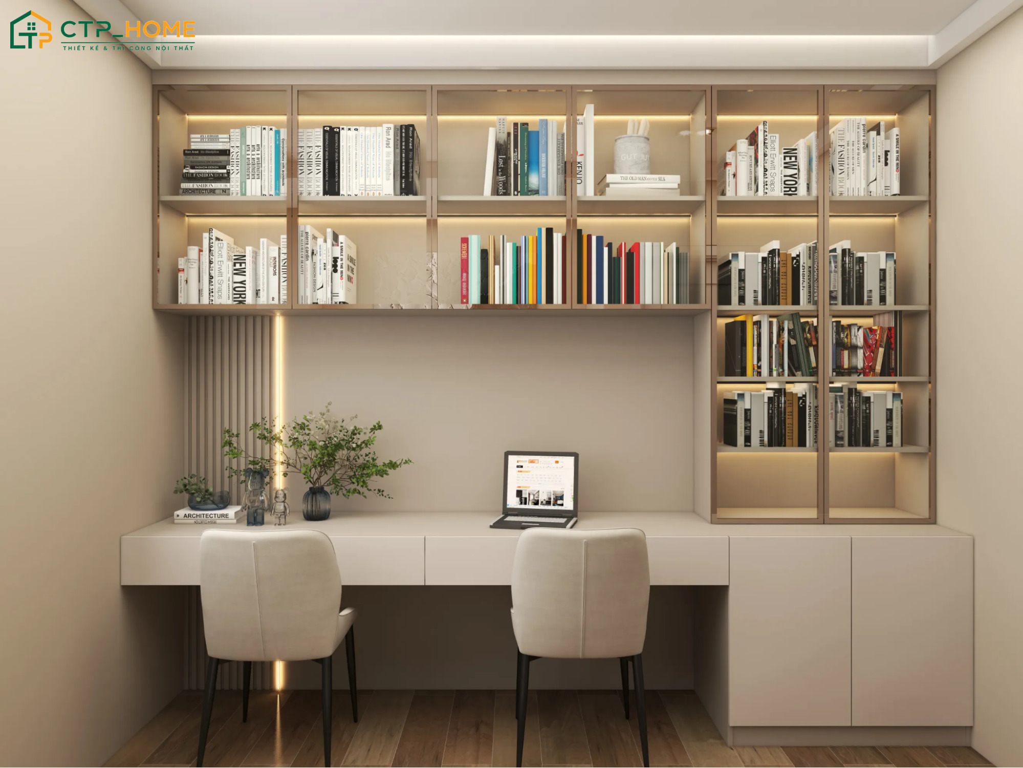 Mẫu thiết kế phòng đọc sách với bàn làm việc được bố trí liền kề cùng hệ tủ treo tường gọn gàng