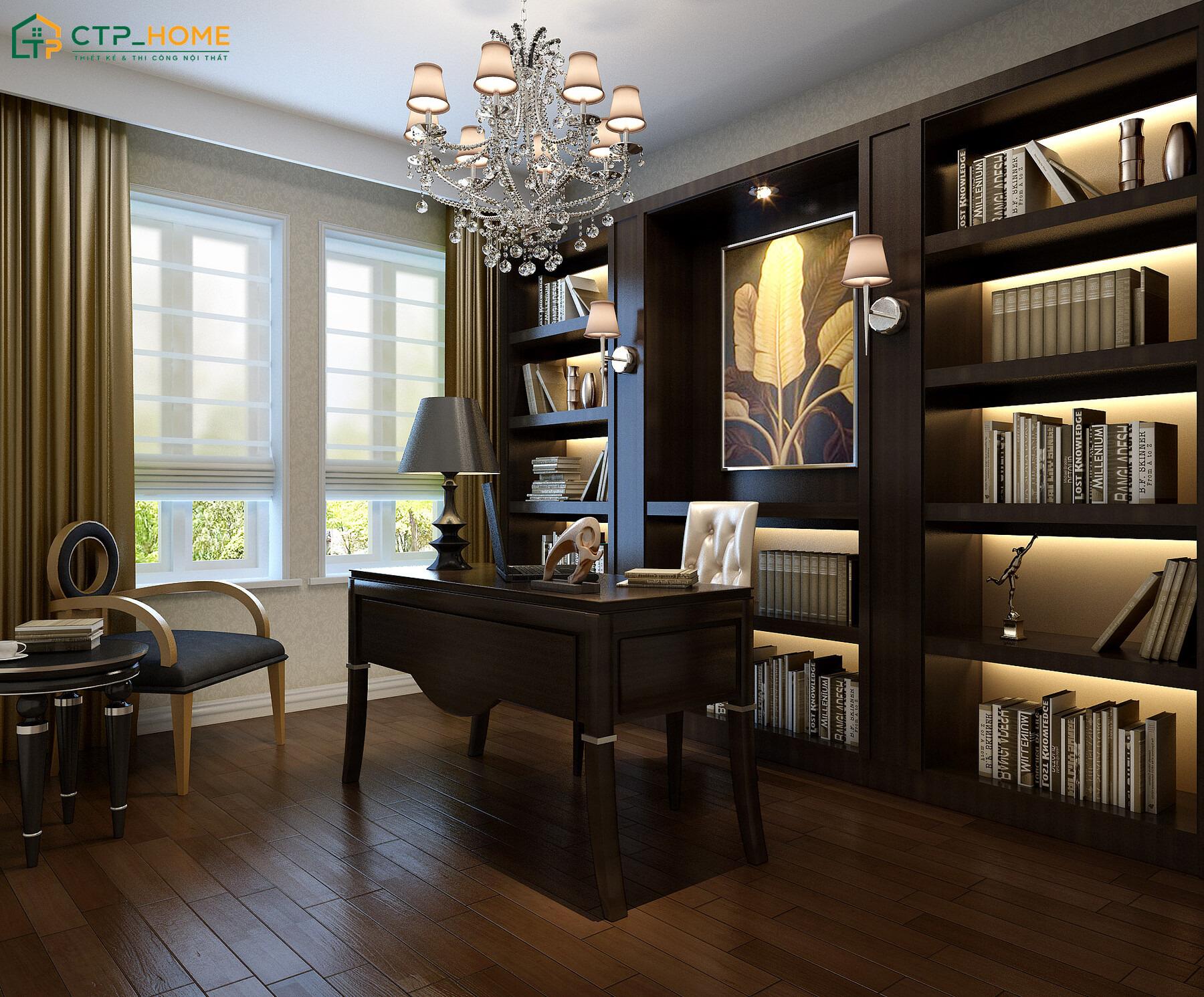 Phòng đọc sách sang trọng sẽ sử dụng các món đồ nội thất cao cấp để thể hiện gu thẩm mỹ riêng của gia chủ