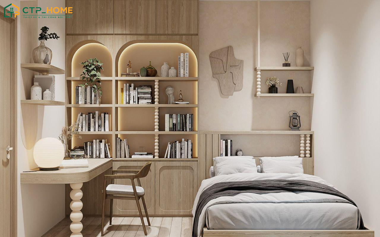 Mẫu thiết kế phòng đọc sách hiện đại thường sẽ sử dụng kệ sách âm tường cùng các tone màu trung tính nhẹ nhàng