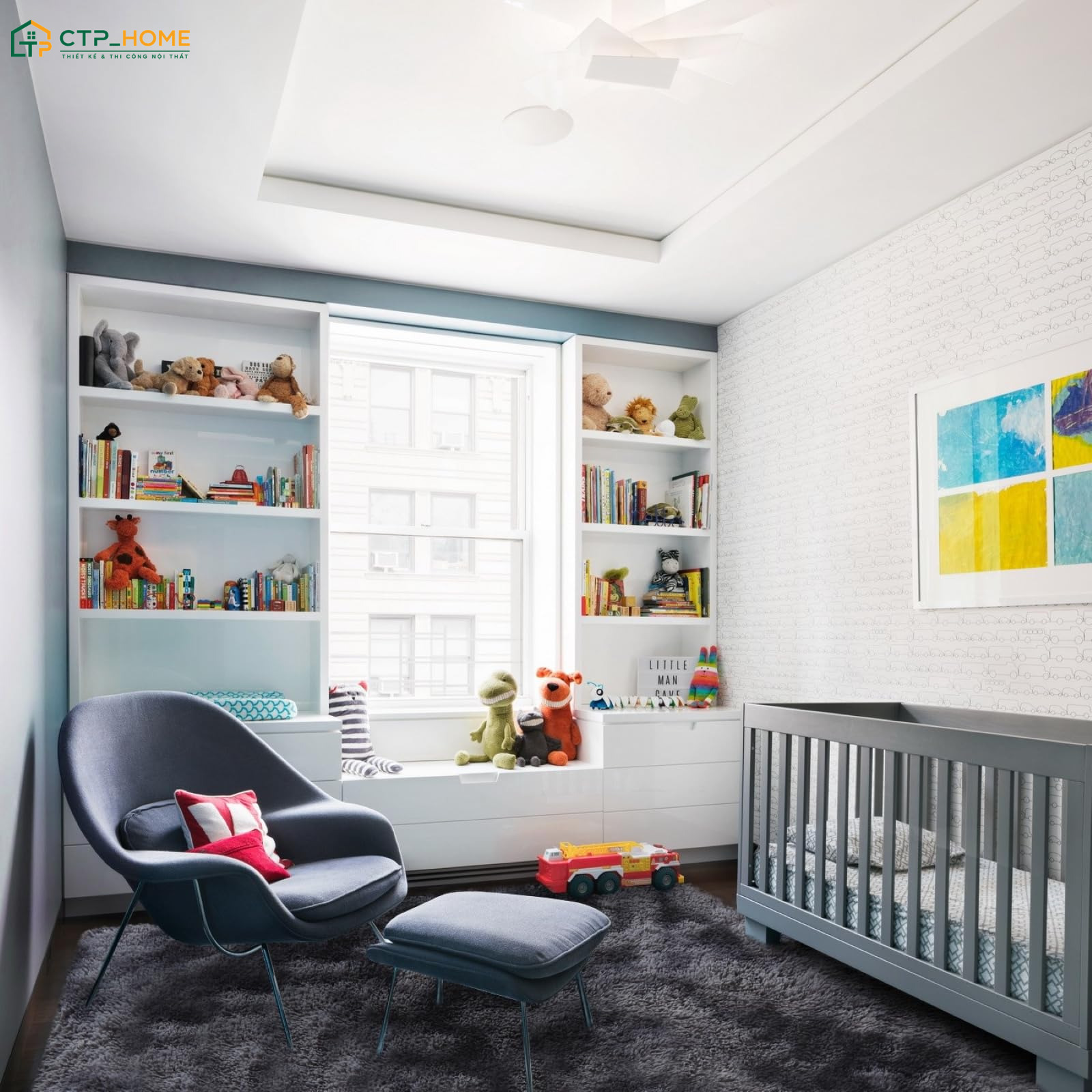 Mẫu thiết kế nội thất phòng đọc sách cho bé với màu sắc bắt mắt và các chi tiết trang trí ngộ nghĩnh
