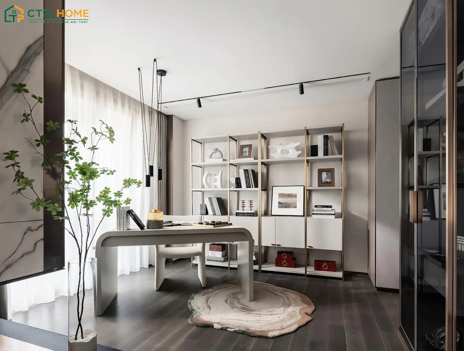 Góc đọc sách được bố trí cạnh bàn làm việc với tông màu trầm ấm giúp tạo cảm giác gần gũi hơn